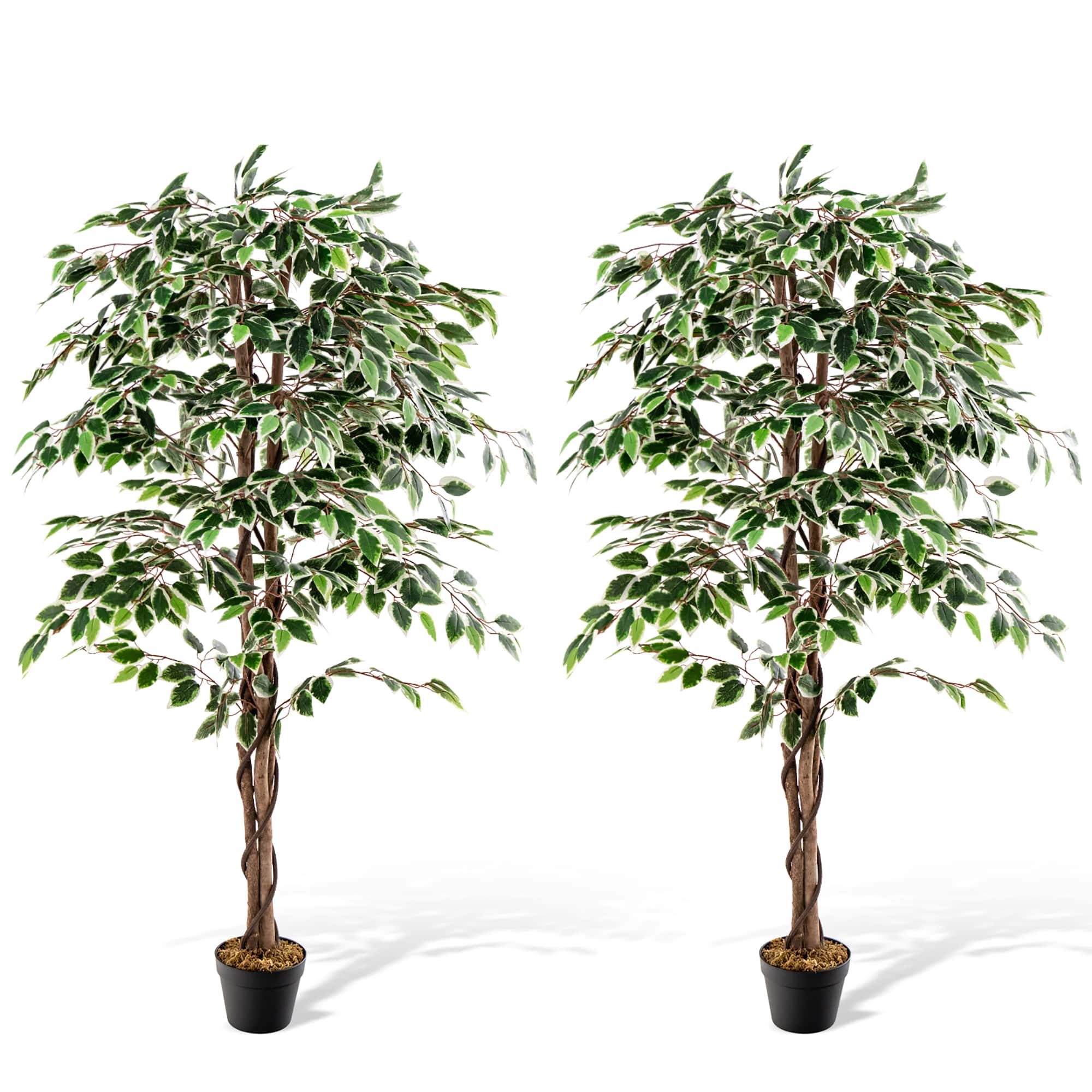 Gymax - Artificial Ficus Tree Tall Faux Indoor Plant w/ 1008 Leaves Natural Wood Trunk - Green