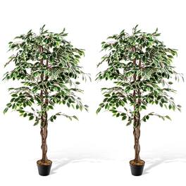 Gymax - Artificial Ficus Tree Tall Faux Indoor Plant w/ 1008 Leaves Natural Wood Trunk - Green