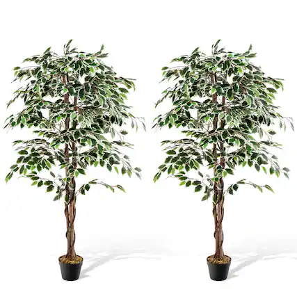 Front. Gymax - Gymax Artificial Ficus Tree Tall Faux Indoor Plant w/ 1008 Leaves Natural Wood Trunk - Green.