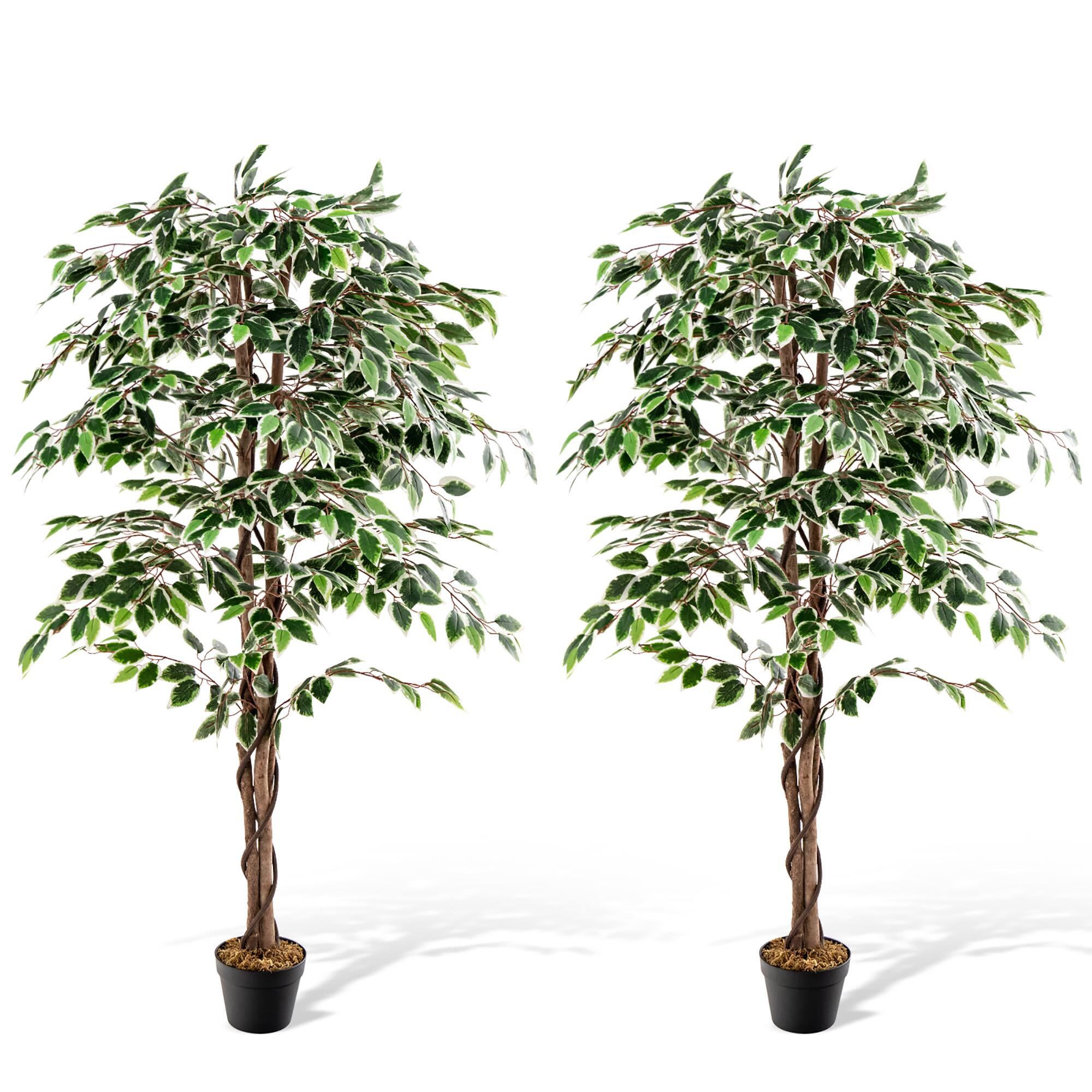 Front. Gymax - Gymax Artificial Ficus Tree Tall Faux Indoor Plant w/ 1008 Leaves Natural Wood Trunk - Green.