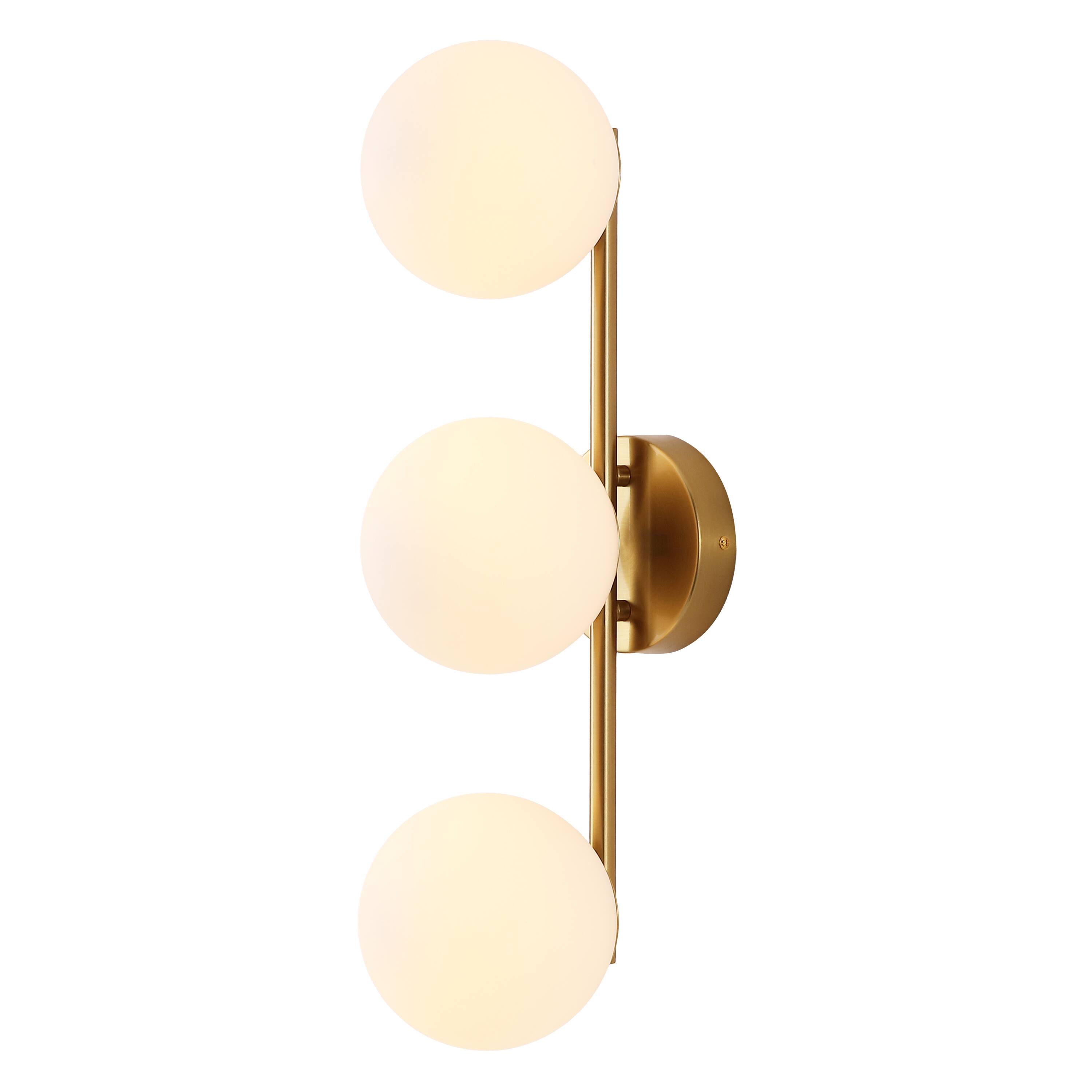 Front. Jonathan Y - Nash 23" Mid-Century Modern Brass Gold 3-Light Metal Vanity Light with White Glass Globe Shades Wall Sconce - Brass Gold.