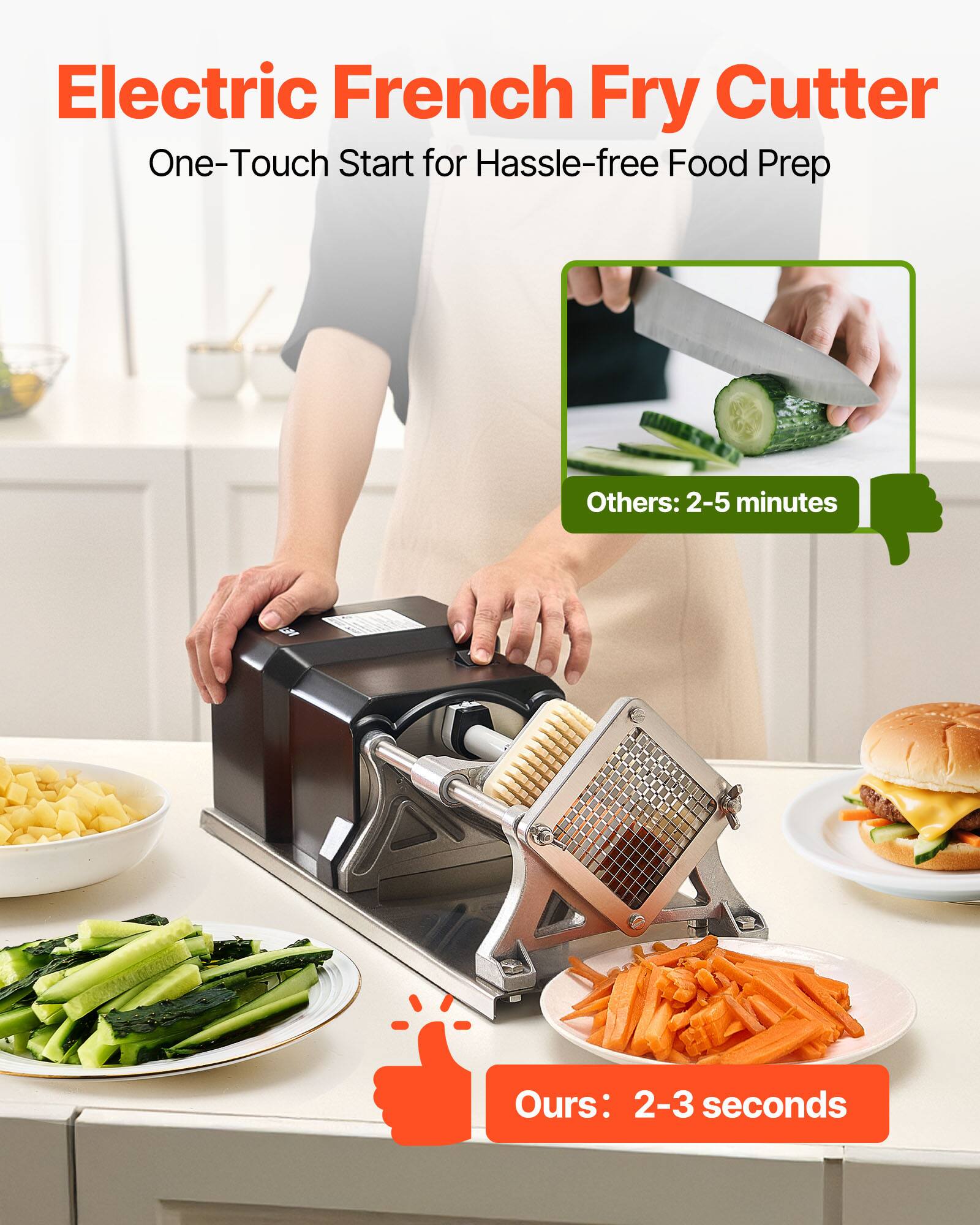 Electric French Fry Cutter  
One-Touch Start for Hassle-free Food Prep  

Others: 2-5 minutes  

Ours: 2-3 seconds