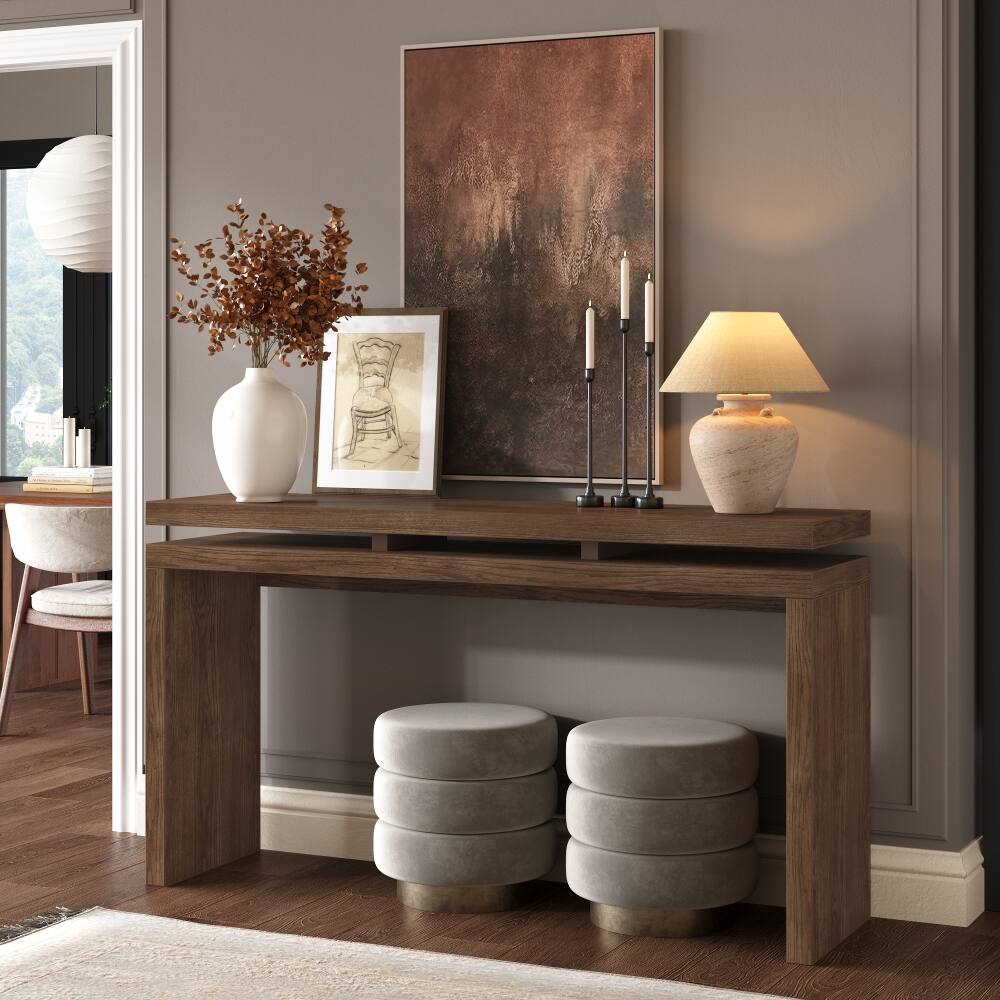 Front. Loheer - Loheer 60 inch antique brown farmhouse console table, retro wooden entryway table with double board suspension - Antique brown.