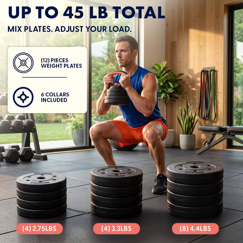 UP TO 45 LB TOTAL MIX PLATES. ADJUST YOUR LOAD.

(12) PIECES WEIGHT PLATES
6 COLLARS INCLUDED
(4) 2.75LBS
(4) 3.3LBS
(8) 4.4LBS