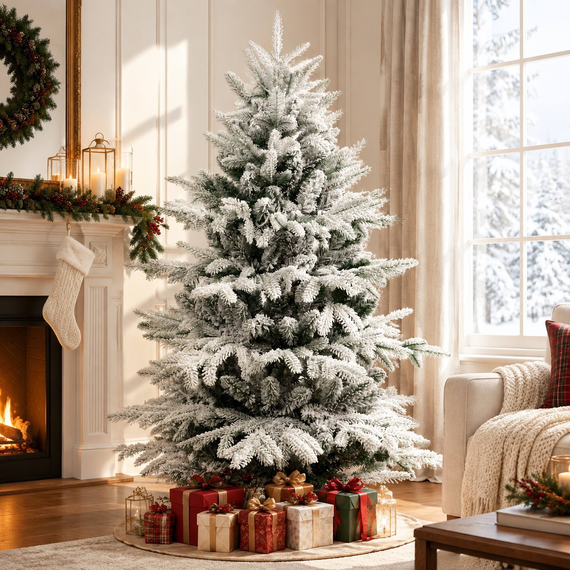 Left. RYHNUYNE - 7FT Pre-Lit Flocked Christmas Tree With 400 Two-Color LED Lights and 2086 Tips, 9 Modes and Metal Stand - Green,White.
