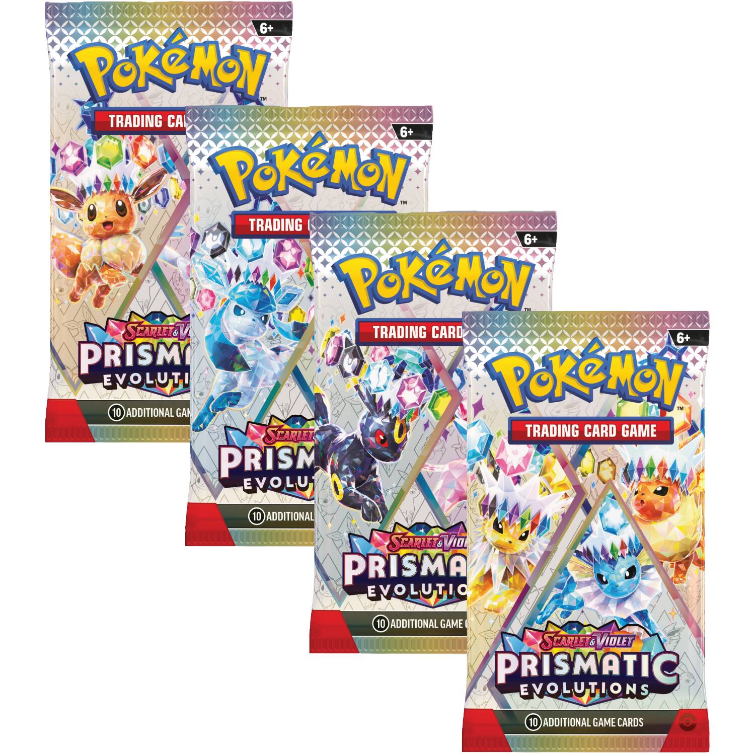 6+ Pokémon™ Trading Card Game  
6+ Pokémon!™ Trading Card  
6+ Pokémon Scarlet & Violet Prism Evolutions  
10 Additional Game Cards  
10 Additional Scarlet & Violet Prism Evolutions  
10 Additional Game Cards
