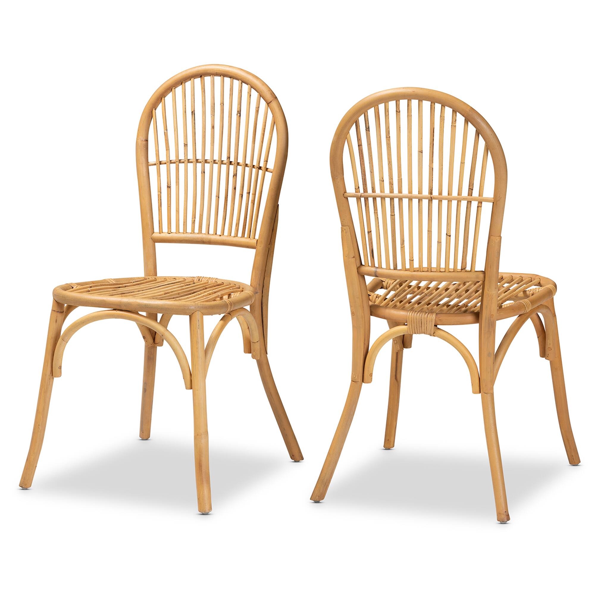 Front. bali & pari - Wina Modern Bohemian Rattan 2-Piece Dining Chair Set - Natural Brown.