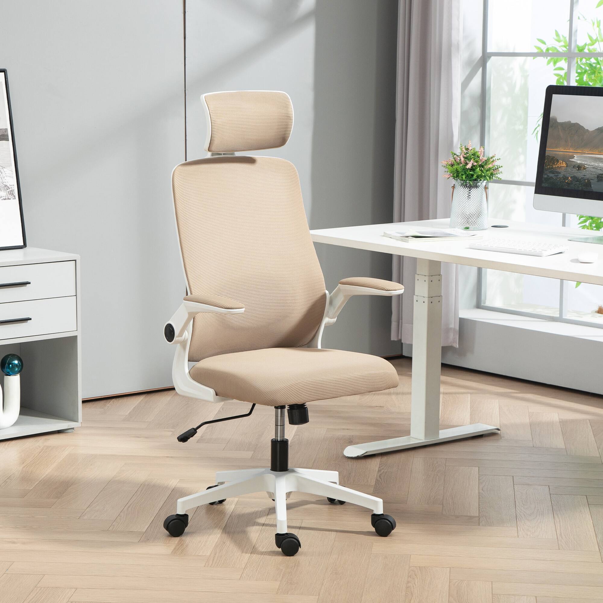 Alt View 1. Homcom - Office Chair, High Back Desk Chair with Flip-up Armrest, Rotatable Headrest, Tilt Function, Adjustable Lumbar - Khaki.