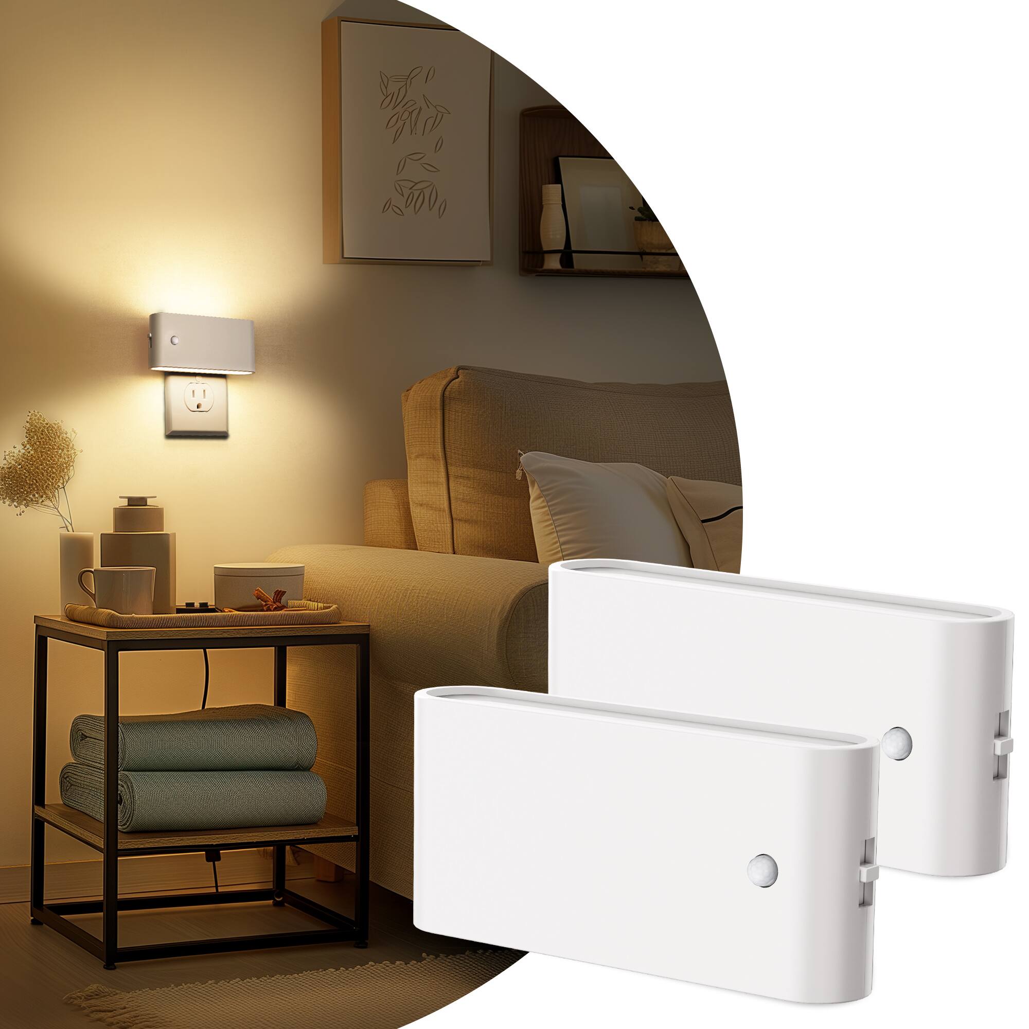Angle. Jandcase - JANDCASE 2-Pack 1W Plug-in Motion Sensor Night Light, 3000K Warm Glow, Up/Down Light, White Finish, ON/OFF/AUTO - White.