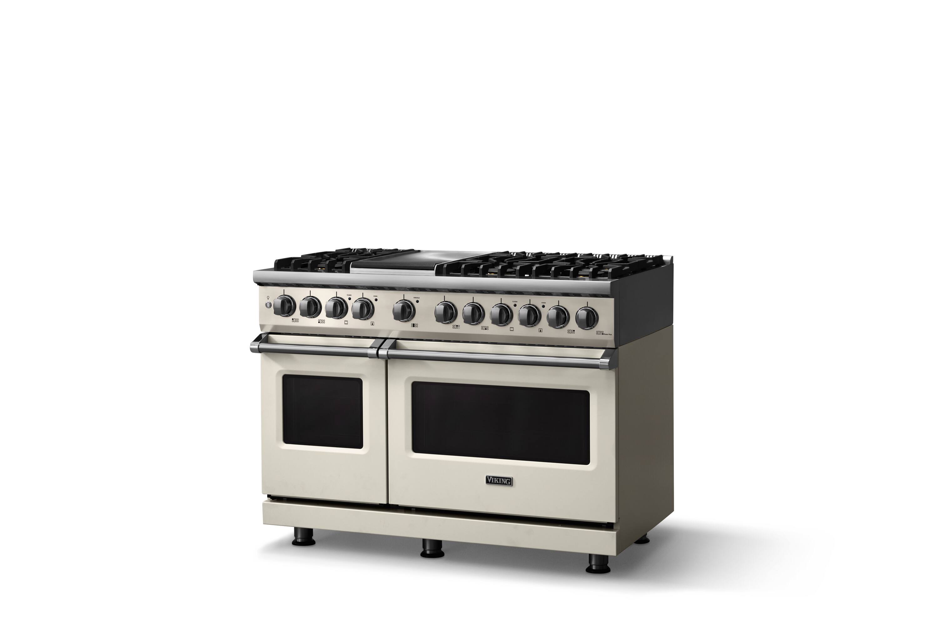 Angle. Viking - 48 in. Wide 6 Burner Pro 5 Series 7.3 Cu. Ft. Freestanding Self-Clean Sealed Dual Fuel Convection Range/Griddle - Pure White.