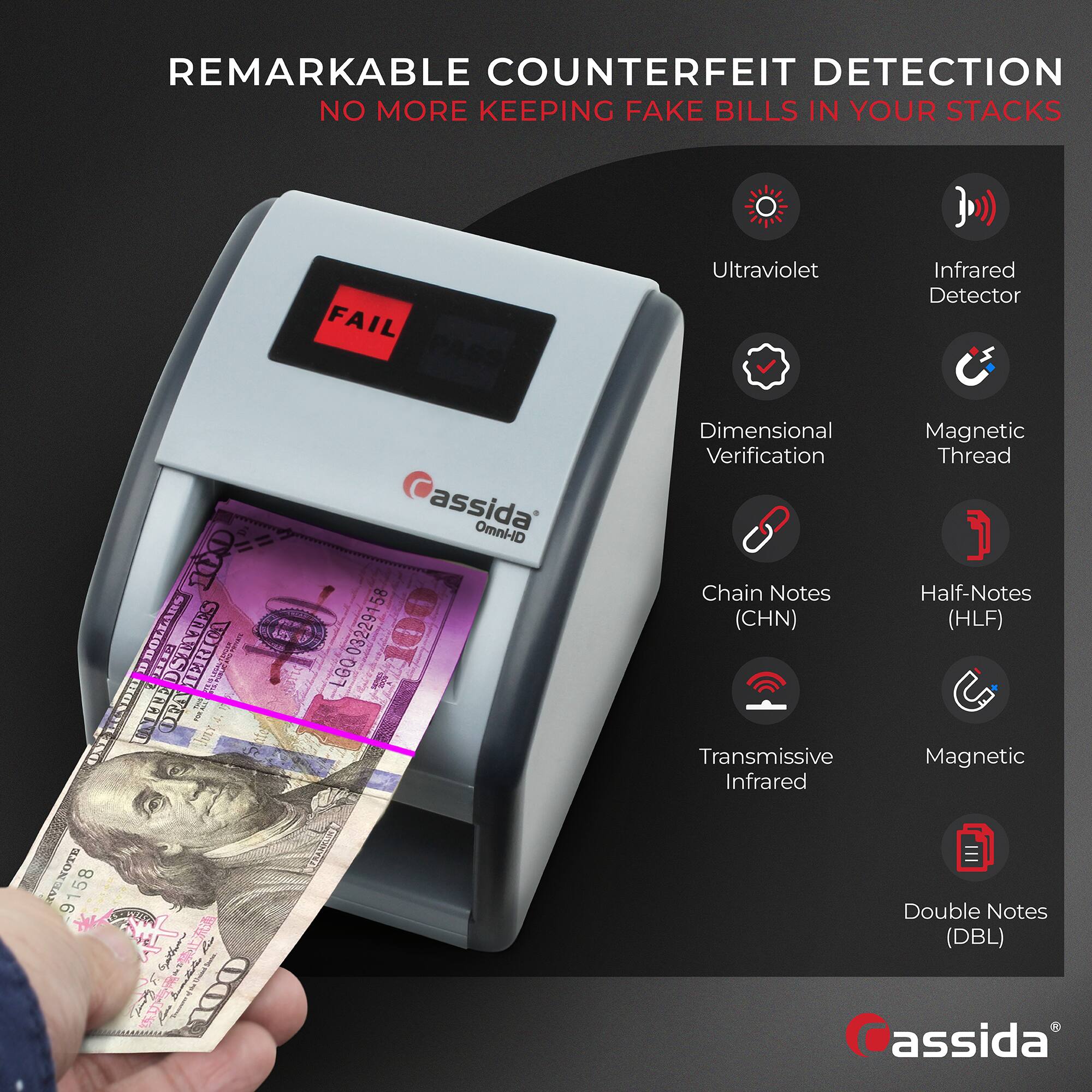 REMARKABLE COUNTERFEIT DETECTION  
NO MORE KEEPING FAKE BILLS IN YOUR STACKS  

- Ultraviolet  
- Infrared Detector  
- Dimensional Verification  
- Magnetic Thread  
- Chain Notes (CHN)  
- Half-Notes (HLF)  
- Transmissive Magnetic Infrared  
- Double Notes (DBL)  

assida  
Omni-ID
