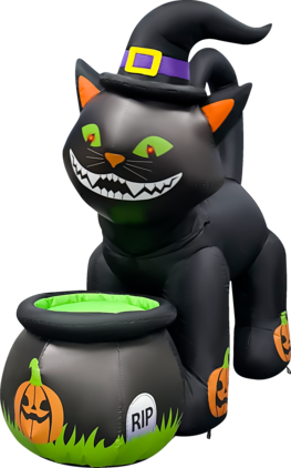 GOOSH Inflatables - GOOSH 5.2FT Animated Inflatable Cat with Witch Hat and Cauldron – Light-Up Halloween Yard Decoration - Black
