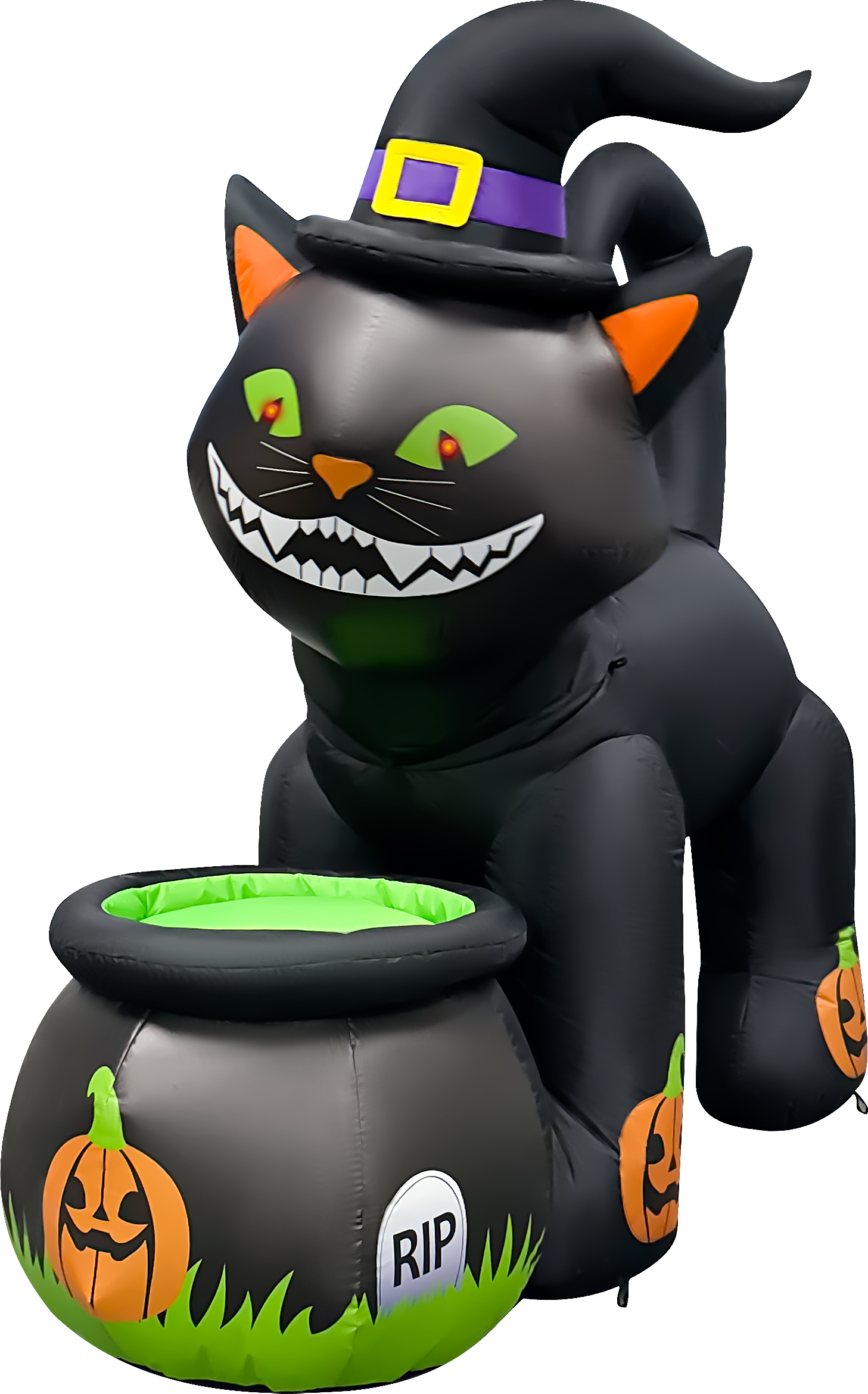 Front. GOOSH Inflatables - GOOSH 5.2FT Animated Inflatable Black Cat with Witch Hat and Cauldron – Light-Up Halloween Yard Decoration - Black.