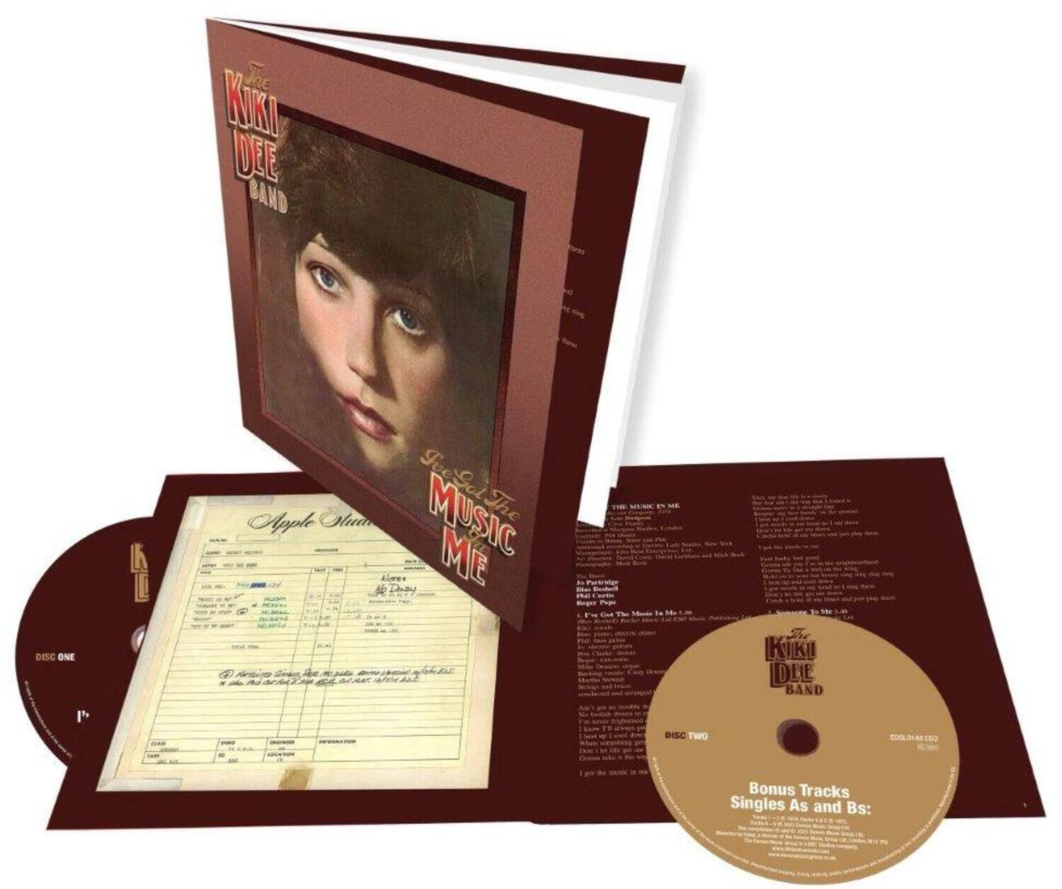 **Disc One:**

- Apple Shua
- Music Me
- Alvres
- Tby 2 te Fm Cdl
- Be M6e t

**Disc Two:**

- The Kiki Dee Band
- EDSL014S
- Bonus Tracks
- Singles As and Bs:

**Text on the Image:**

- The Kiki Dee Band
- The Music in Me
- Bonus Tracks
- Singles As and Bs: