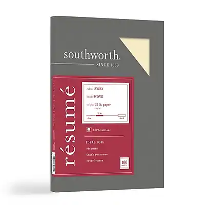 southworth
SINCE 1839
resume
color IVORY
finish KOVE
weight 22 lb. paper
100% Cotton
IDEAL FOR:
resumes
thank you notes
cover letters
100