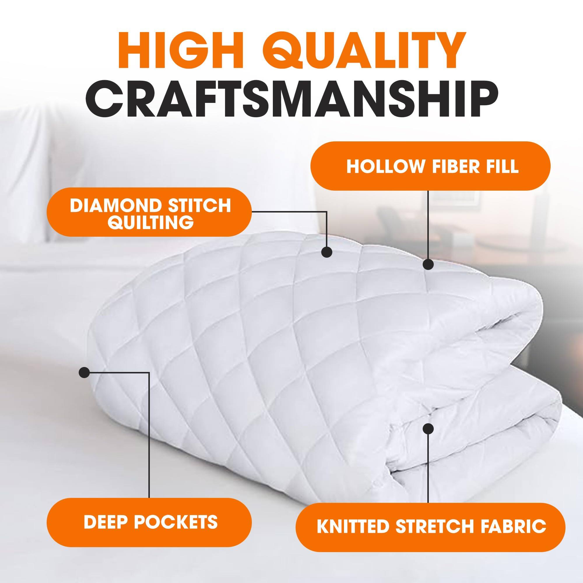 HIGH QUALITY CRAFTSMANSHIP  
HOLLOW FIBER FILL  
DIAMOND STITCH QUILTING  
DEEP POCKETS  
KNITTED STRETCH FABRIC