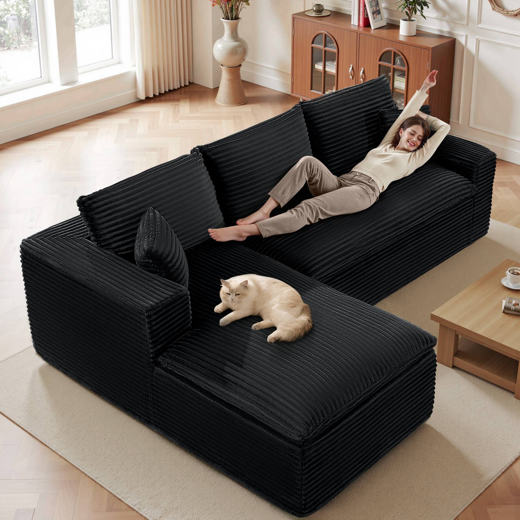 Alt View 5. KERDOM - 108" Sectional Sofa with L-Shape Lounge Soft Corduroy Modular Couch Corner Chaise 2-3 Person Spring Sofa for Living Room - Grey.