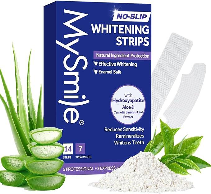 NO-SLIP WHITENING STRIPS Natural Ingredient Protection Effective Whitening MySmile R Enamel Safe Hydroxyapatite Aloe & Camellia Sinensis Leaf Extract Reduces Sensitivity Remineralizes Whitens Teeth 14 7 STRIPS TREATMENTS 5 PROFESSIONAL + 2 EXPRESS