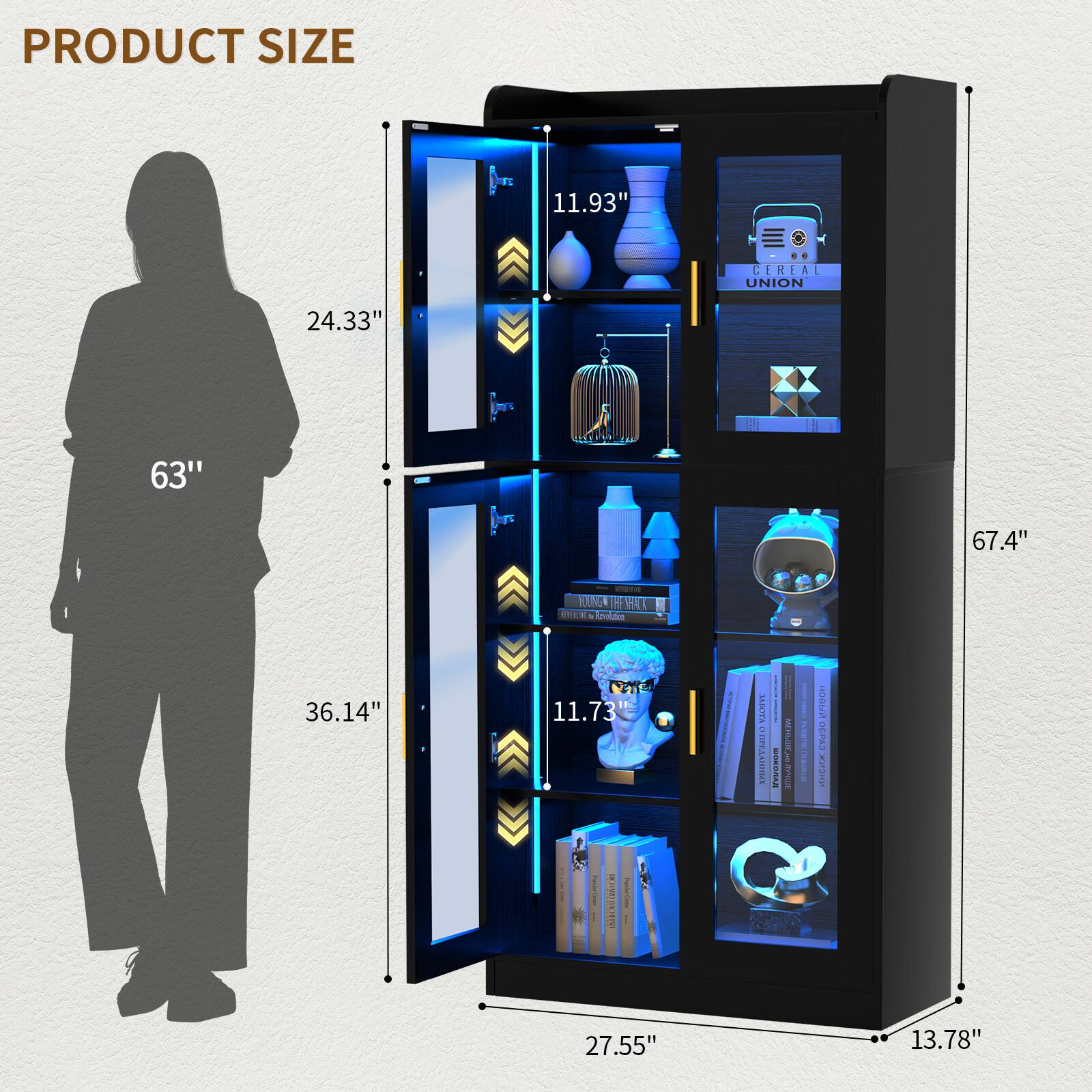 PRODUCT SIZE

- Height: 67.4"
- Width: 27.55"
- Depth: 13.78"
- Shelf Height: 11.93"
- Shelf Depth: 24.33"
- Overall Height: 63"
- Overall Width: 36.14"