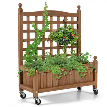Front. Mondawe - 32 Inch Wooden Planter Box with Trellis and Lockable Wheels, Raised Garden Bed - Brown.
