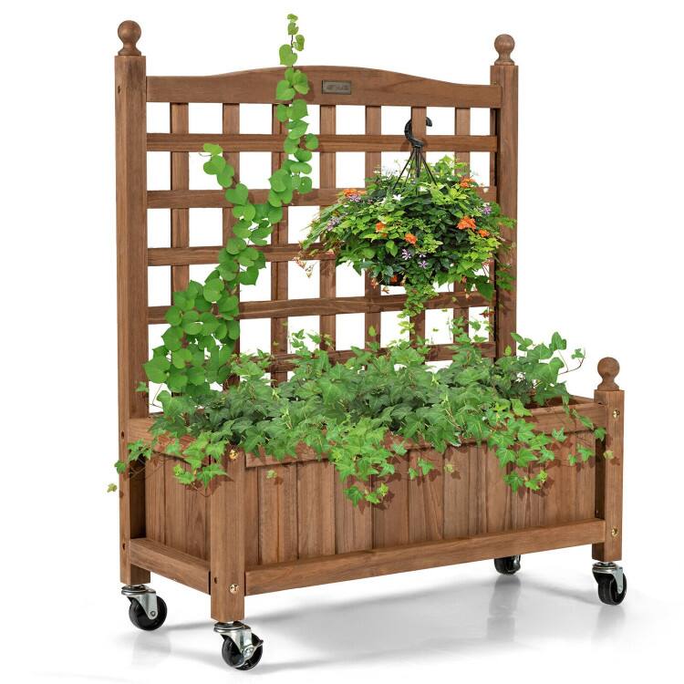 Front. Mondawe - 32 Inch Wooden Planter Box with Trellis and Lockable Wheels, Raised Garden Bed - Brown.