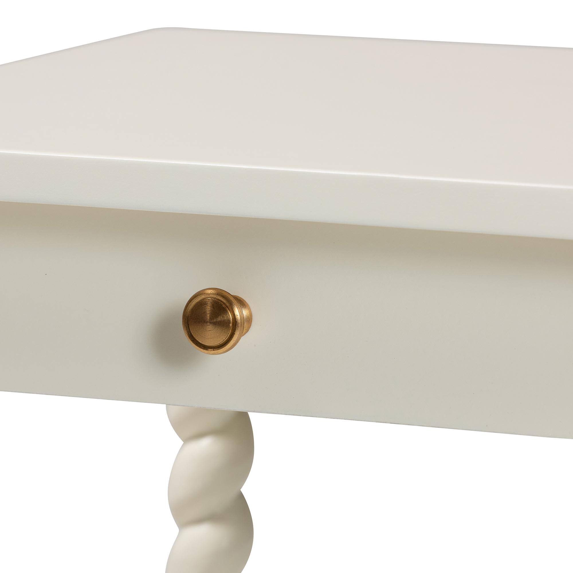 Alt View 2. bali & pari - Baxton Studio Niklas Nightstand with Twisted Legs - 1-Drawer Bedroom Side Table with Storage Shelf, White - White.