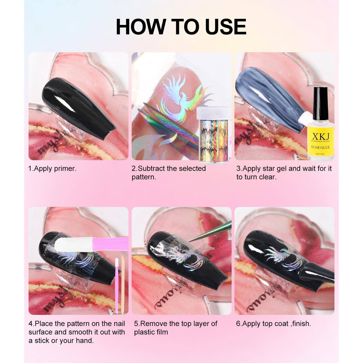 Sure, here is the corrected and grouped text:

---

**HOW TO USE**

1. Apply primer.
2. Subtract the selected pattern.
3. Apply star gel and wait for it to turn clear.
4. Place the pattern on the nail surface and smooth it out with a stick or your hand.
5. Remove the top layer of plastic film.
6. Apply top coat, finish.

---