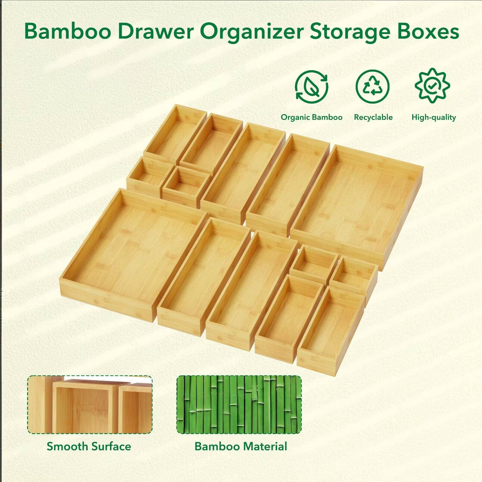 Bamboo Drawer Organizer Storage Boxes

- Organic Bamboo
- Recyclable
- High-quality
- Smooth Surface
- Bamboo Material