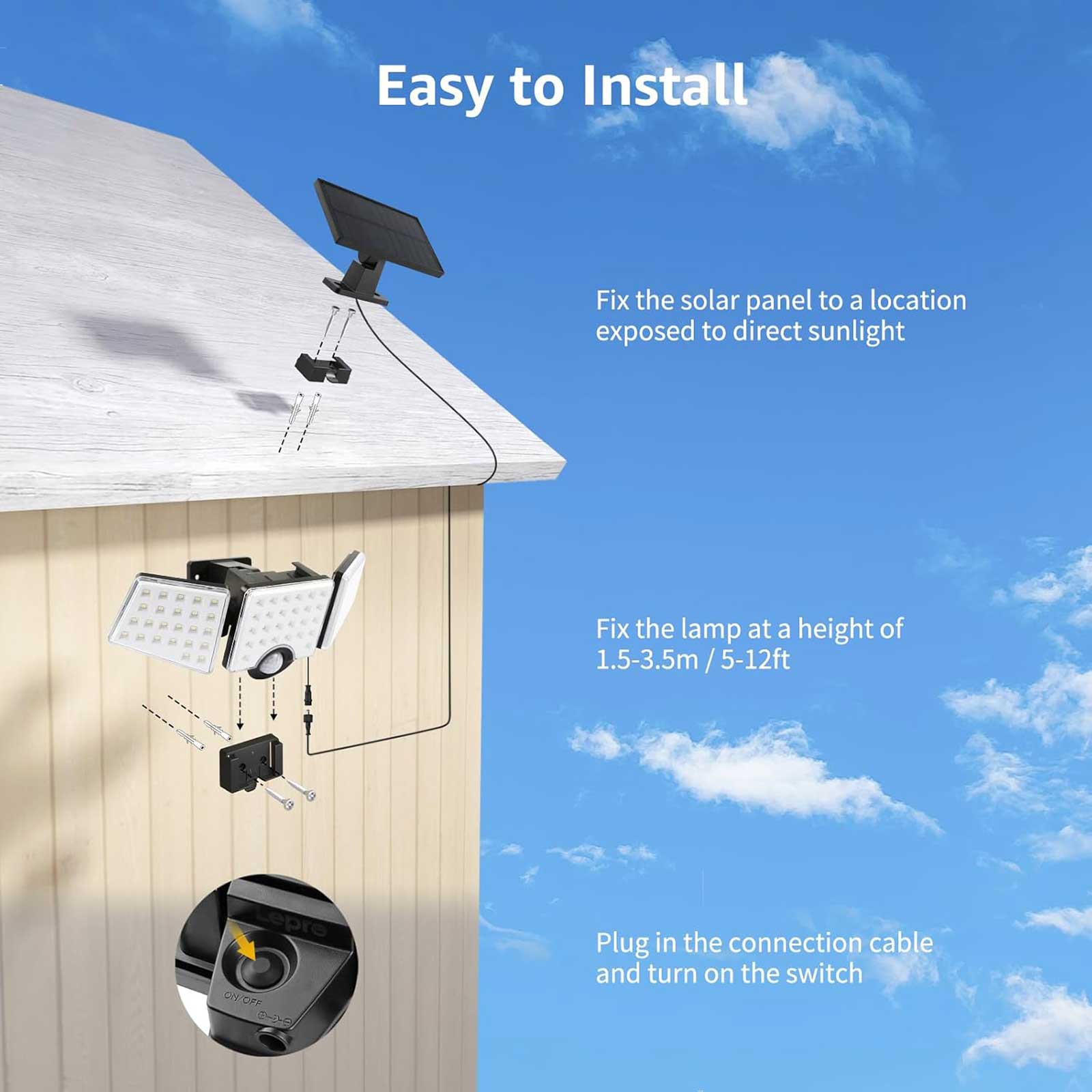 Alt View 6. Lepro - 1000LM Solar Motion Sensor Flood Light, 6500K Daylight White, Auto ON/Off, Separate Solar Panel, Adjustable Heads - Black.