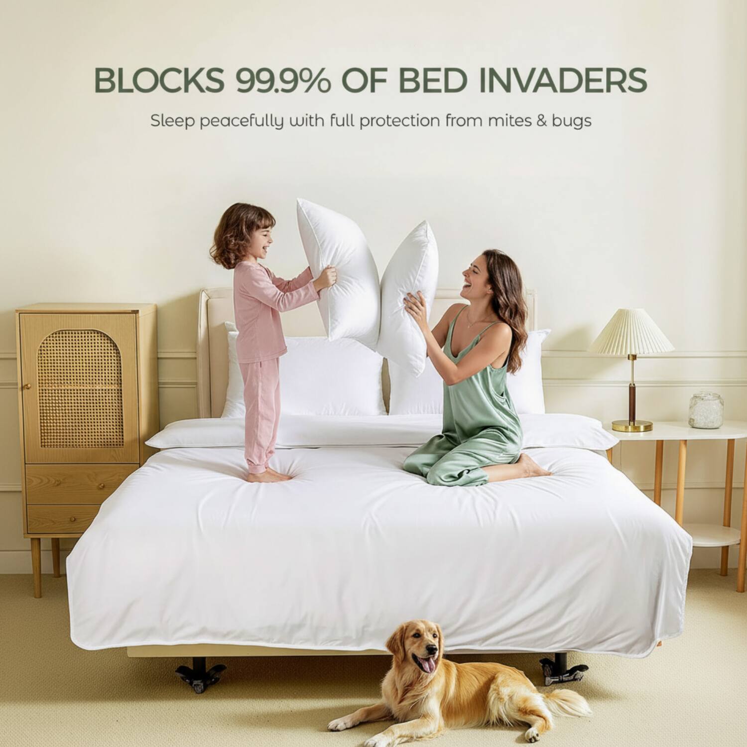 BLOCKS 99.9% OF BED INVADERS  
Sleep peacefully with full protection from mites & bugs
