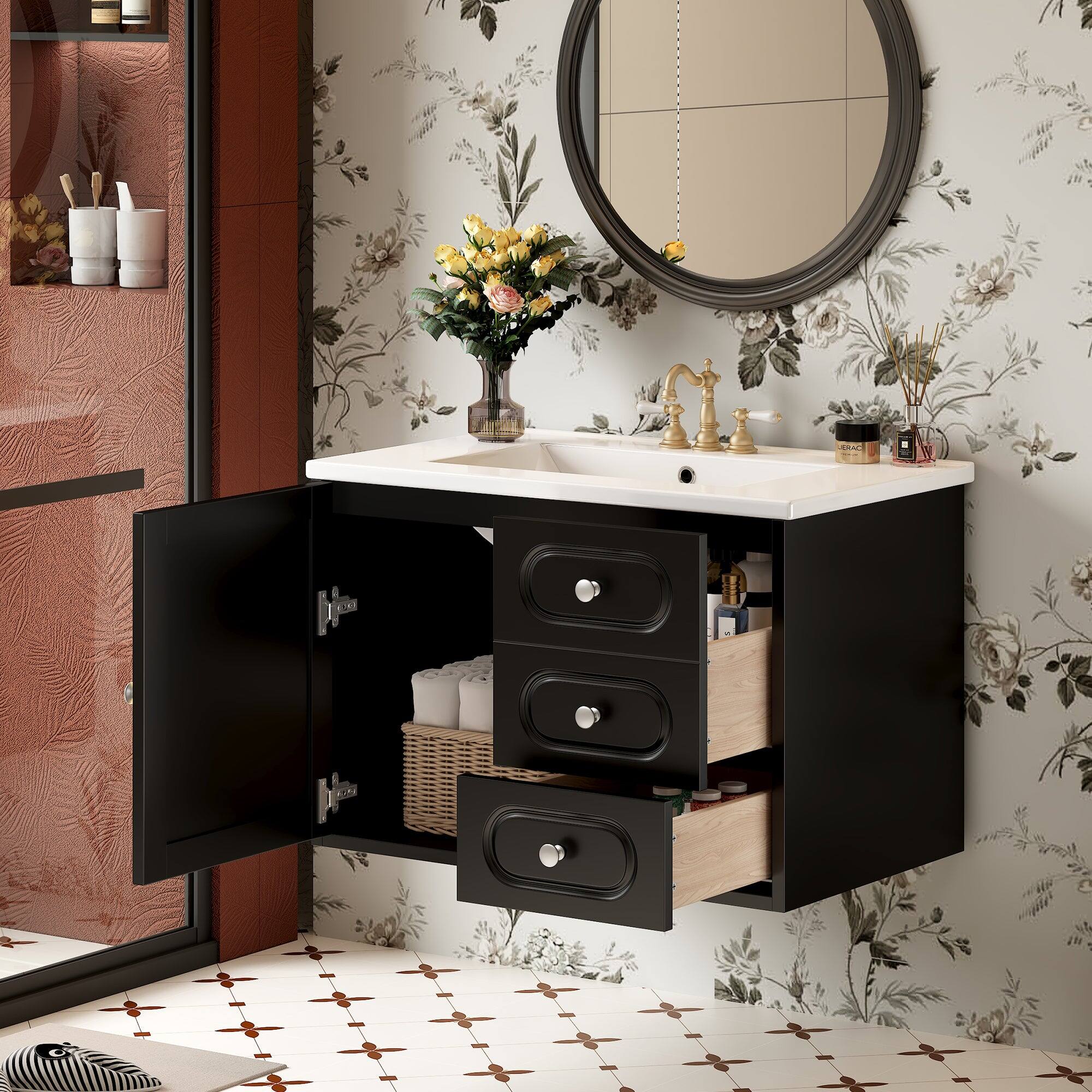 Alt View 5. Boyel Living - 30 Inch Mid Century Bathroom Vanity with Ceramic Sink and Two Drawers Black - Black.