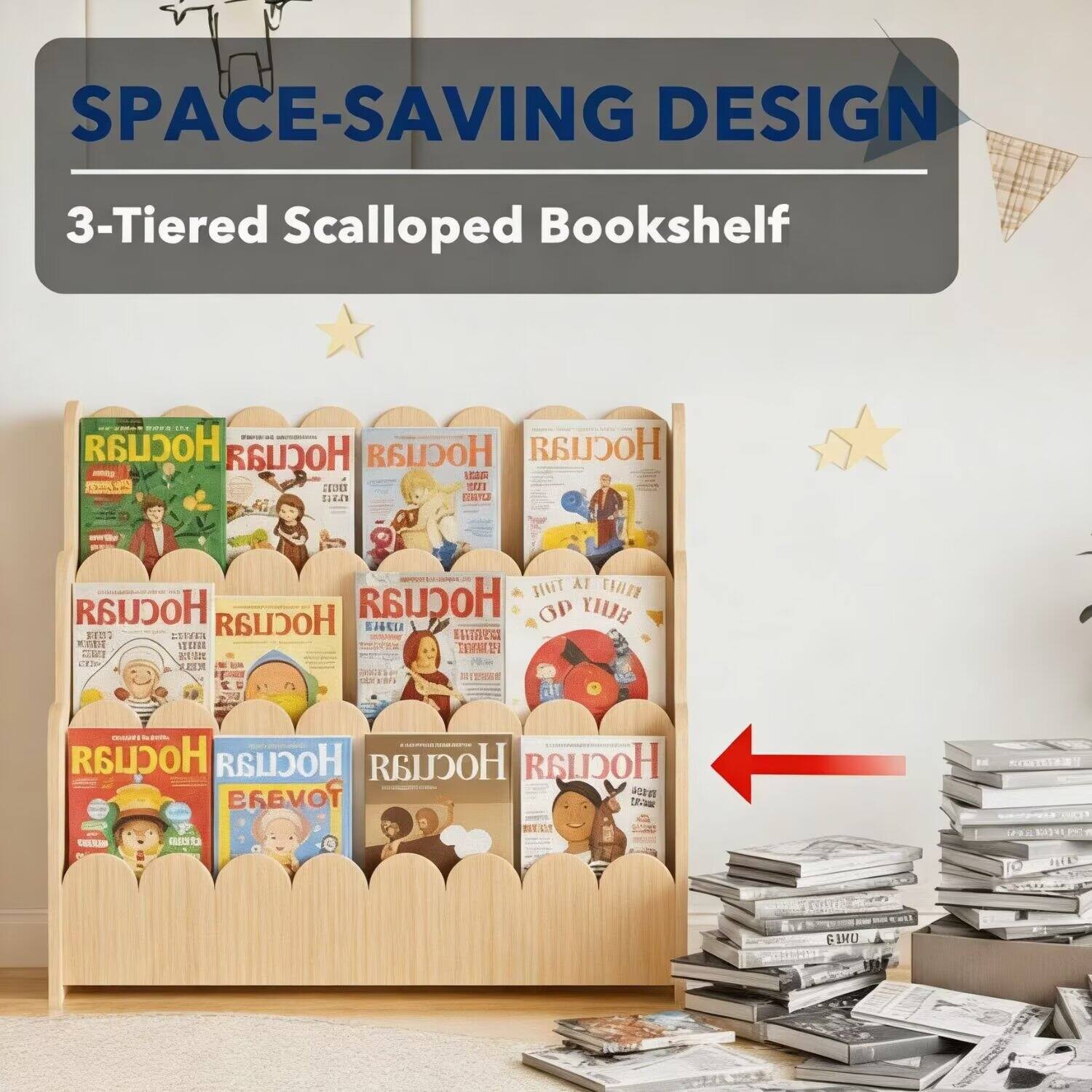 SPACE-SAVING DESIGN  
3-Tiered Scalloped Bookshelf