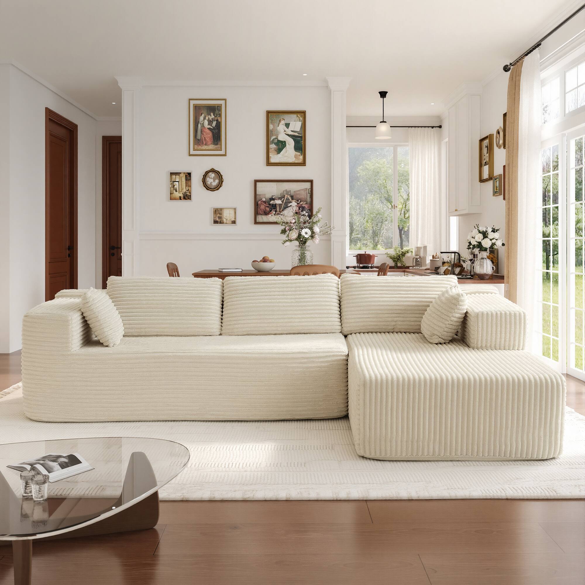 Left. FUFU & GAGA - Modular L-Shaped Corduroy Sofa with Chaise - 106" Light Beige Convertible Boneless Couch for Small & Large Living Rooms - Beige.