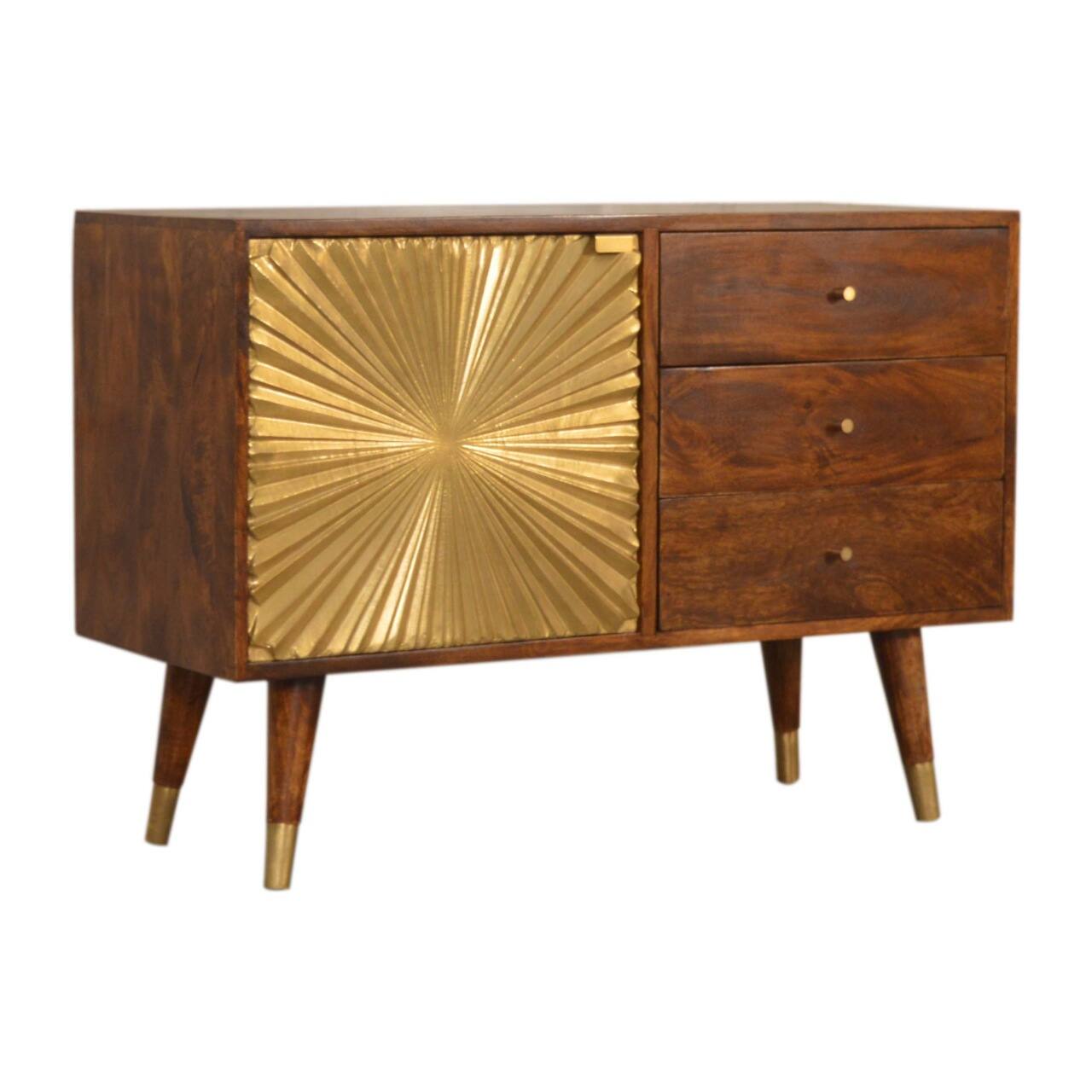 Left. Artisan Furniture - Artisan Furniture Solid Wood Manila Gold Sideboard, 3 Drawers, 2 Shelves, Gold and Brown - Brown and Gold.