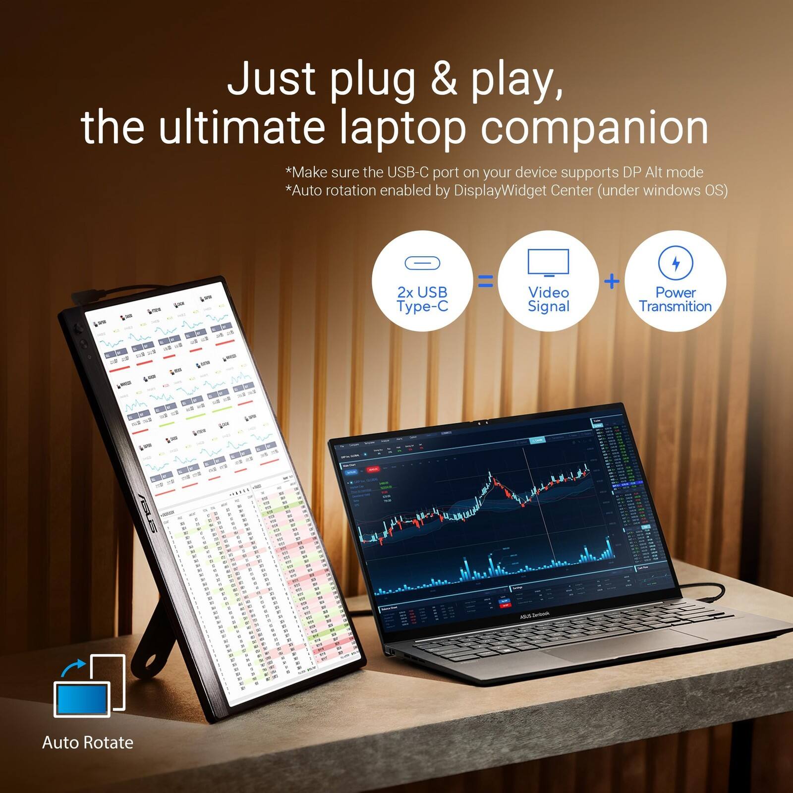 Just plug & play, the ultimate laptop companion

*Make sure the USB-C port on your device supports DP Alt mode
*Auto rotation enabled by DisplayWidget Center (under windows OS)

2x USB Type-C = Video Signal + Power Transmission

Auto Rotate