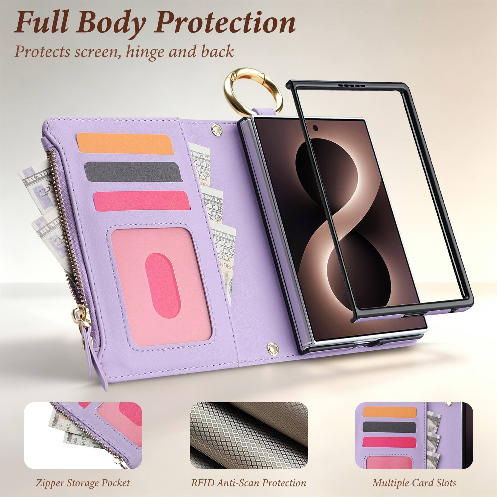 Full Body Protection  
Protects screen, hinge and back  

Zipper Storage Pocket  

RFID Anti-Scan Protection  

Multiple Card Slots