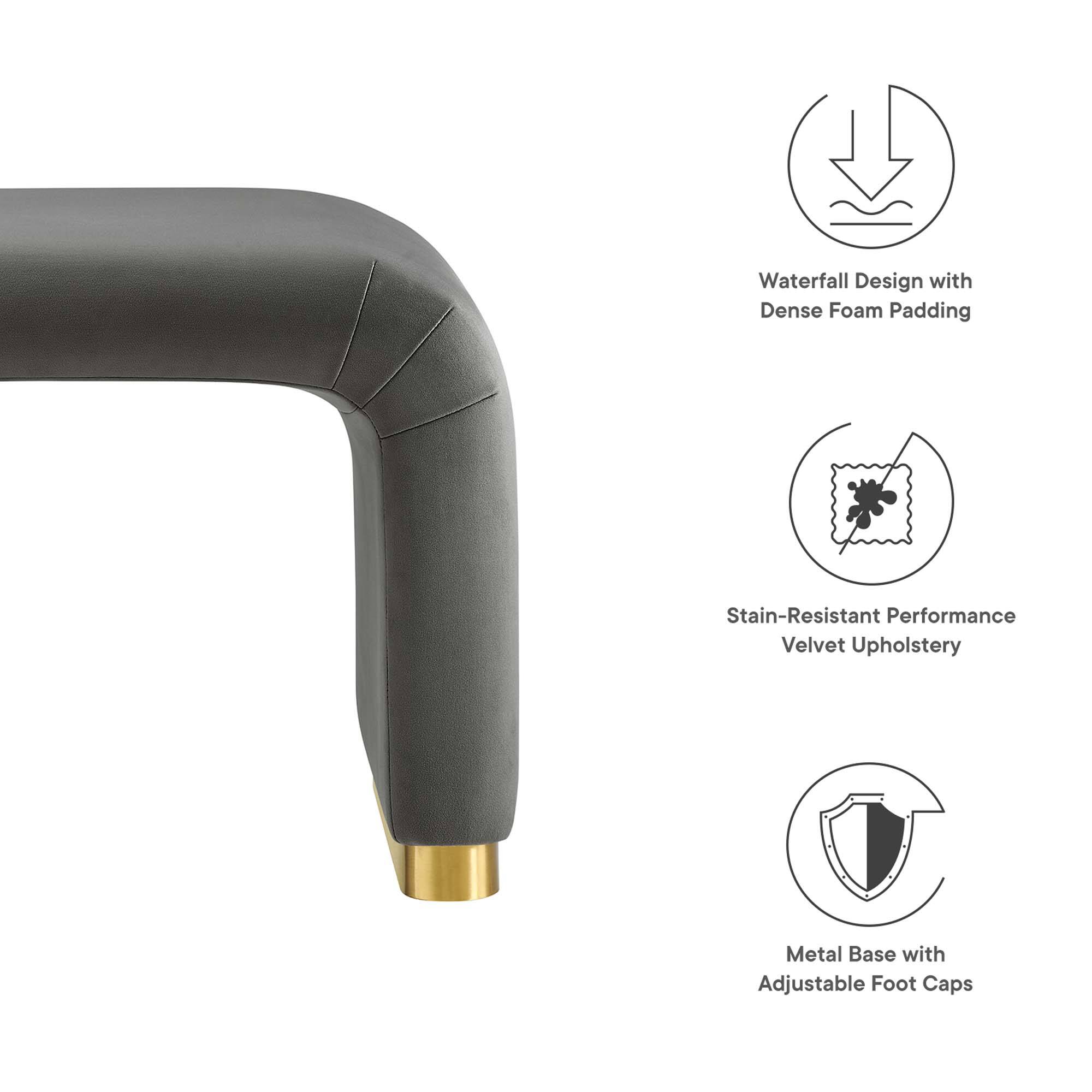 - Waterfall Design with Dense Foam Padding
- Stain-Resistant Performance Velvet Upholstery
- Metal Base with Adjustable Foot Caps