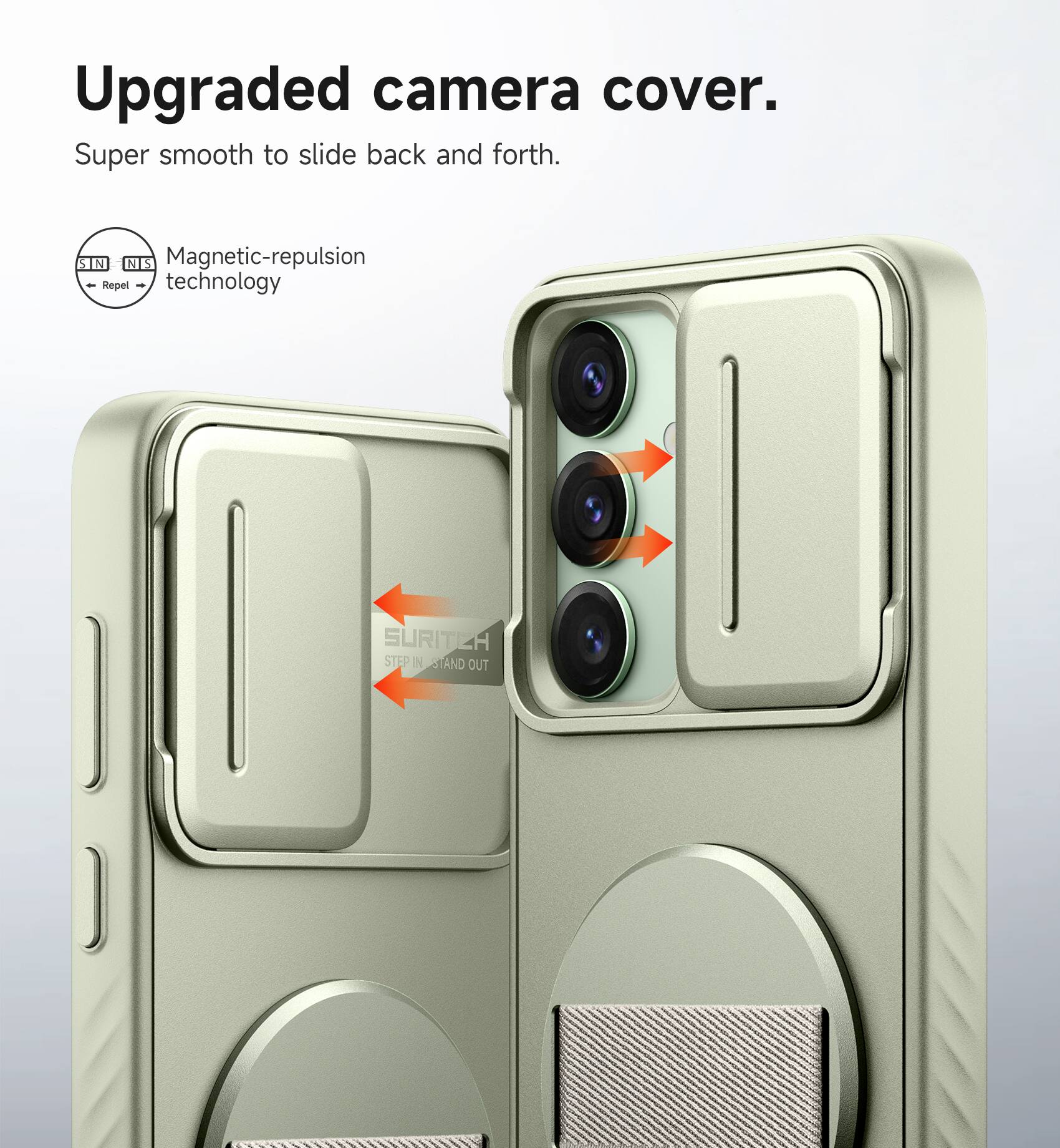 Upgraded camera cover. Super smooth to slide back and forth. Magnetic-repulsion - Repel technology. SURITZA STEP IN STAND OUT