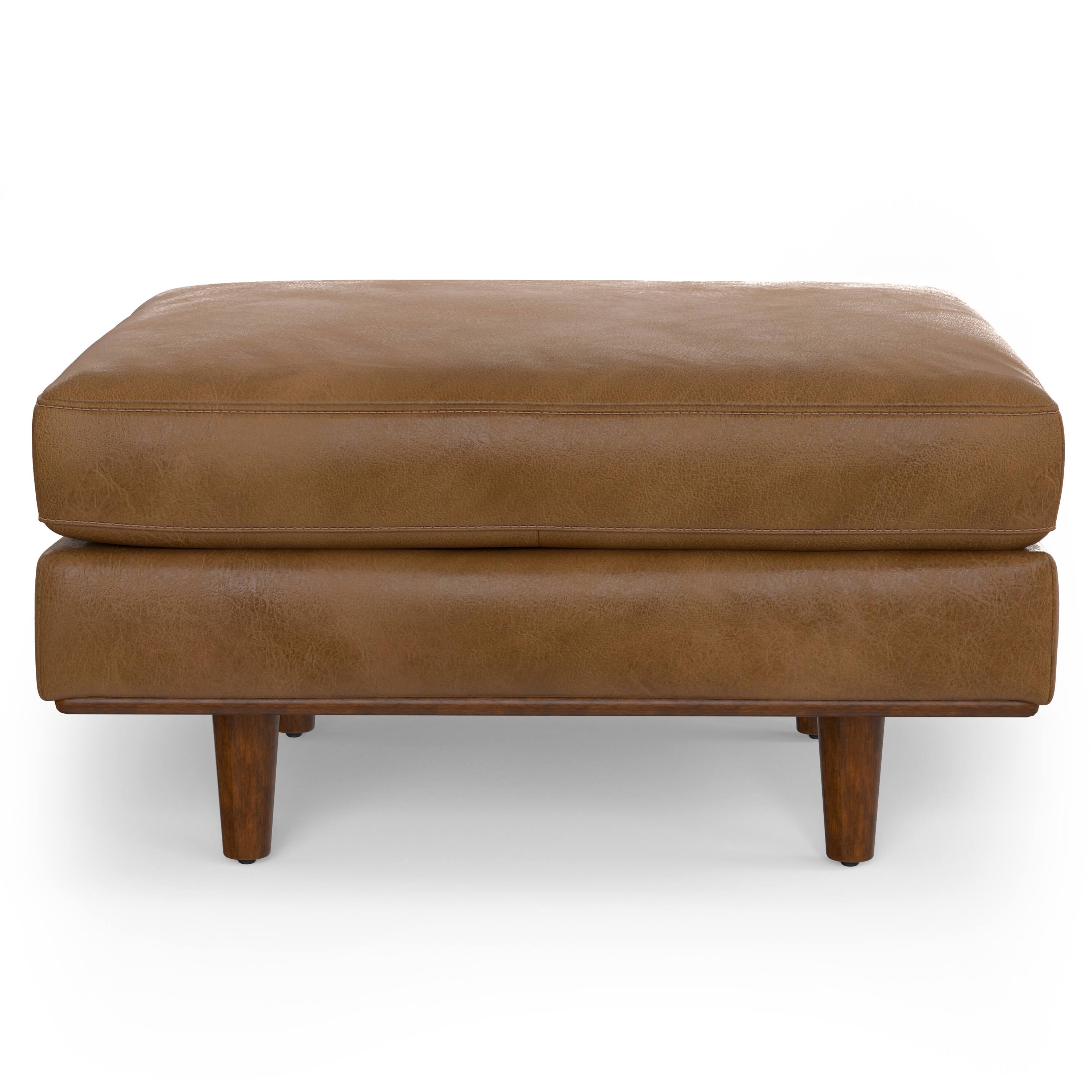 Alt View 10. Simpli Home - Morrison Mid-Century Modern 89 inch Wide Sofa with Ottoman Set in Caramel Brown Genuine Leather - Caramel Brown.