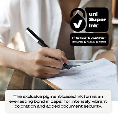 uni Super Ink™  
PROTECTS AGAINST  
WATER  
FADING  
FRAUD  

The exclusive pigment-based ink forms an everlasting bond in paper for intensely vibrant coloration and added document security.