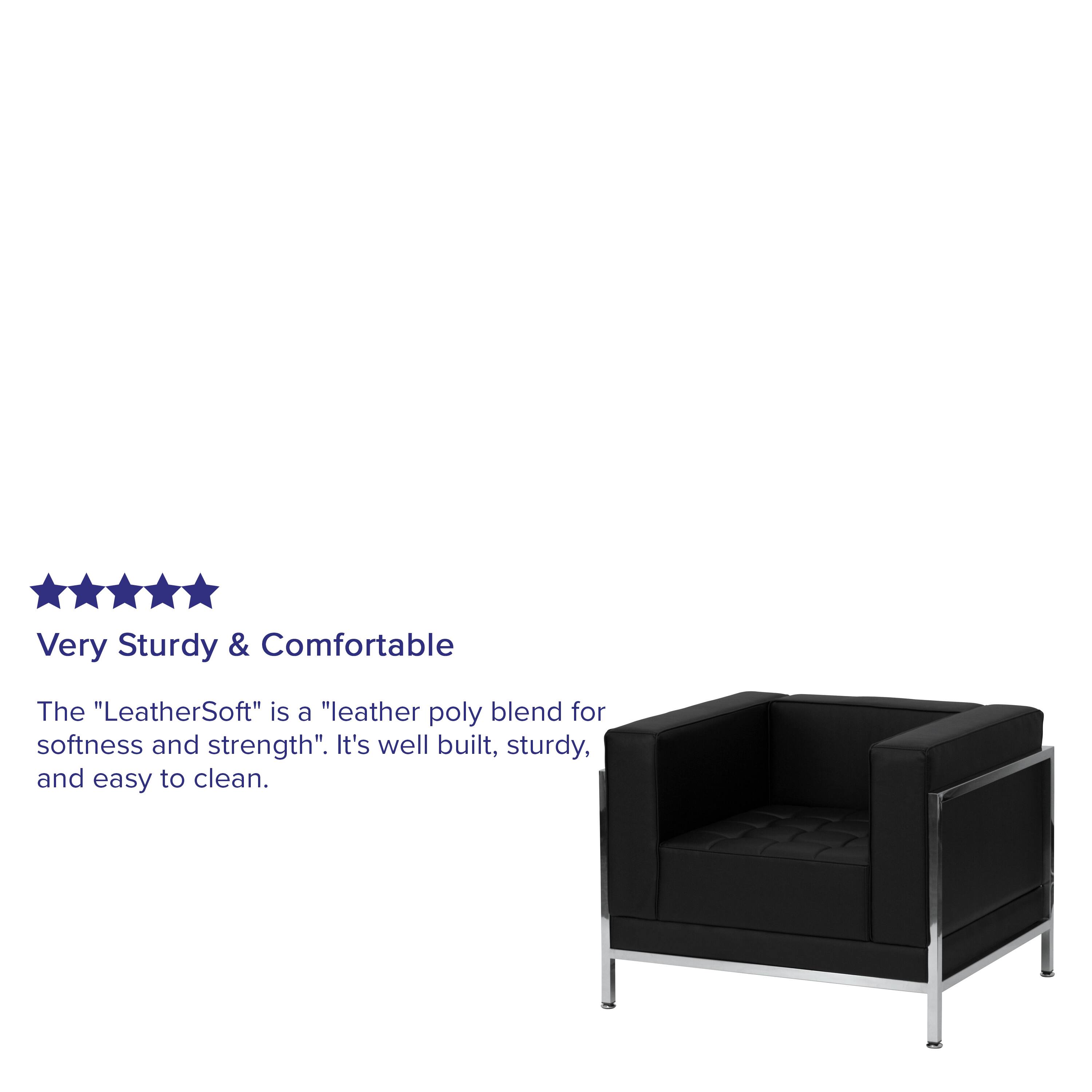 Very Sturdy & Comfortable

The "LeatherSoft" is a "leather poly blend for softness and strength". It's well built, sturdy, and easy to clean.