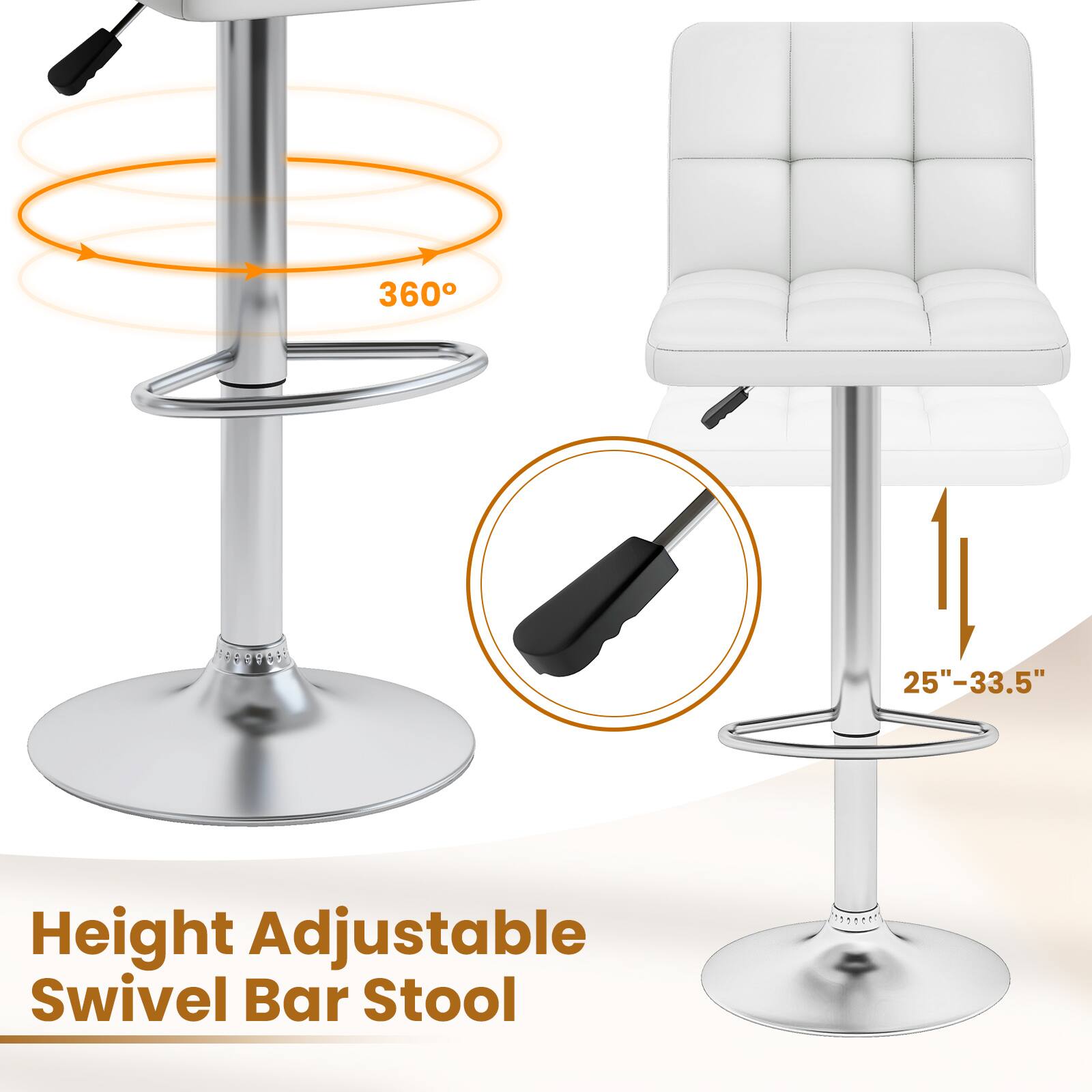 Height Adjustable Swivel Bar Stool, 25"-33.5", 360°