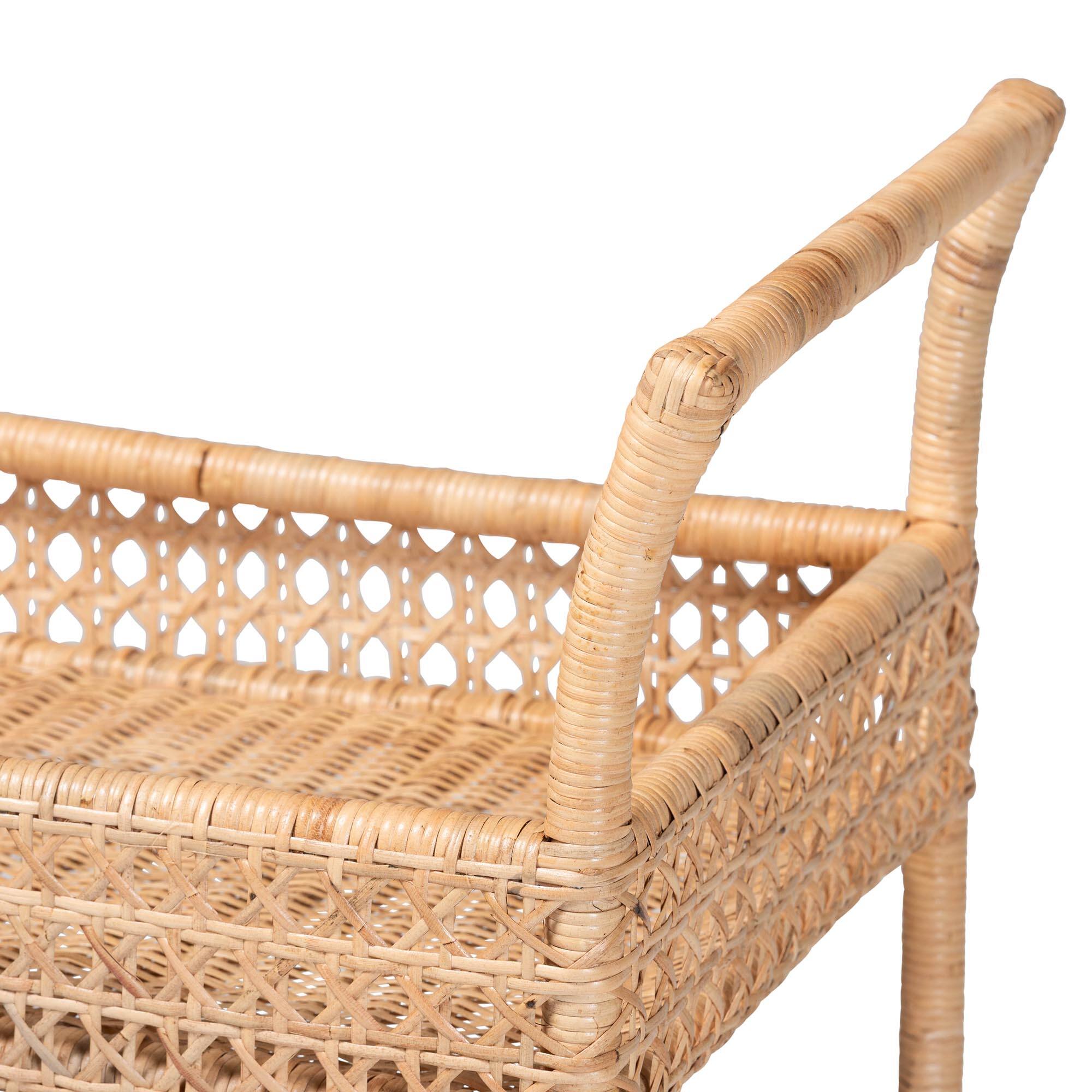 Alt View 1. bali & pari - Alaina Natural Rattan Kitchen Cart - 2-Tier Handwoven Wicker Storage Trolley with Handle for Kitchen or Lounge - Natural Rattan.