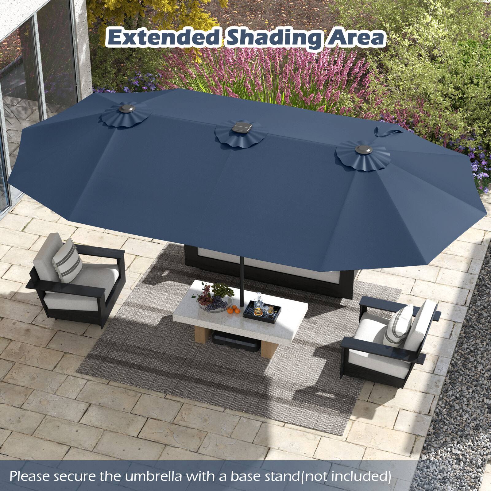 Extended Shading Area
Please secure the umbrella with a base stand (not included)