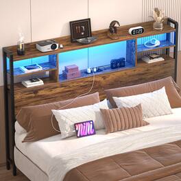 Aheaplus - Full Size Headboard with Power Outlet and RGB LED Lights, Headboard with Storage Shelves - Brown