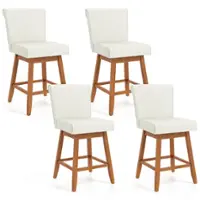 Costway - 27" Swivel Bar Stools Set of 4 with Rubber Wood Legs Upholstered Linen Bar Chairs - Beige/Natural - Front_Zoom