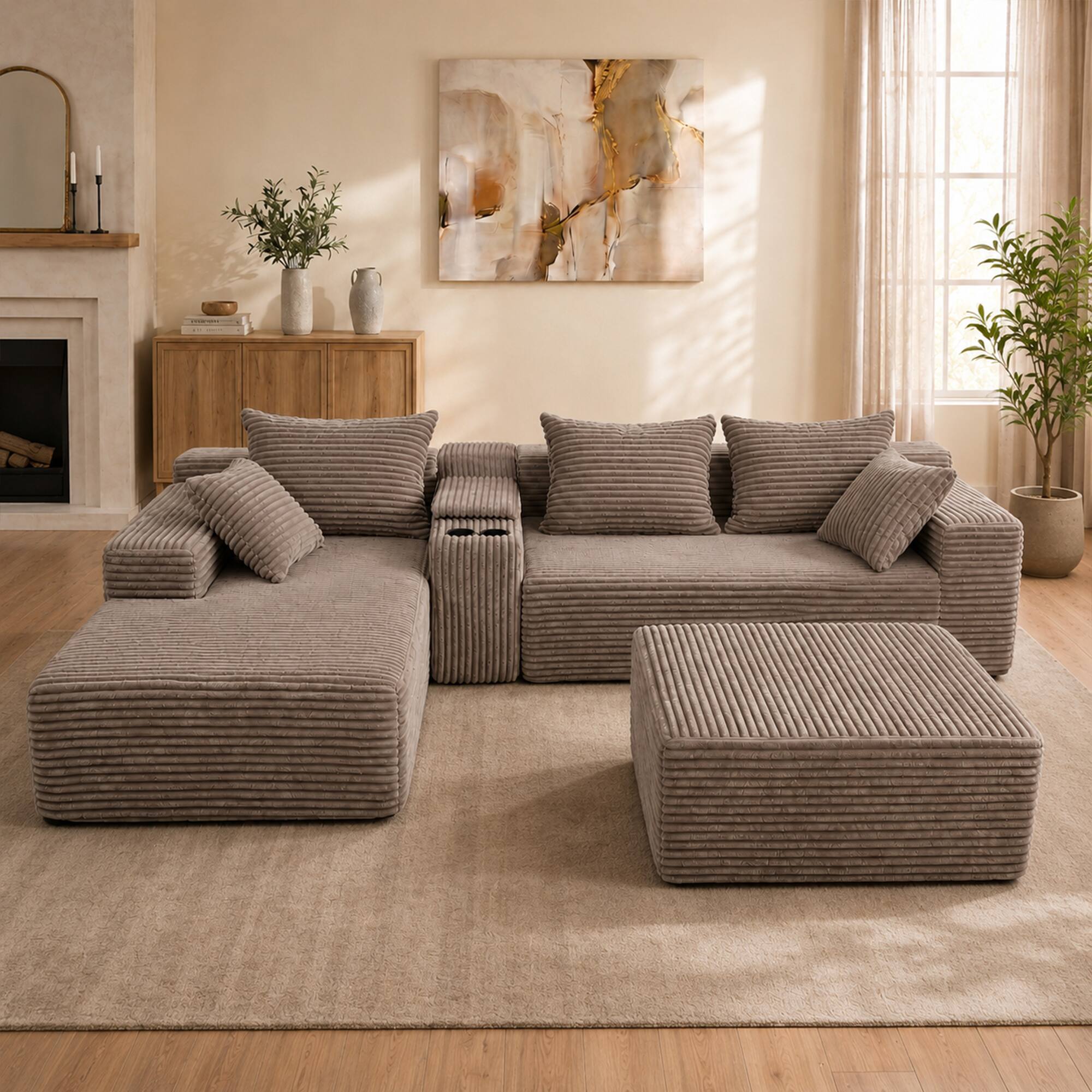 Angle. Anysun - Corduroy U-Shaped Modular Segmented Sofa – Large Sitting Depth Convertible, Cup Holders & Storage, Left-Facing Chaise - Coffee.