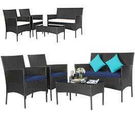 Kadyn - 4 Patio Rattan Cushioned Sofa Furniture Set Garden Conversation Sets with Tempered Glass Coffee Table-Navy and off White - Blue