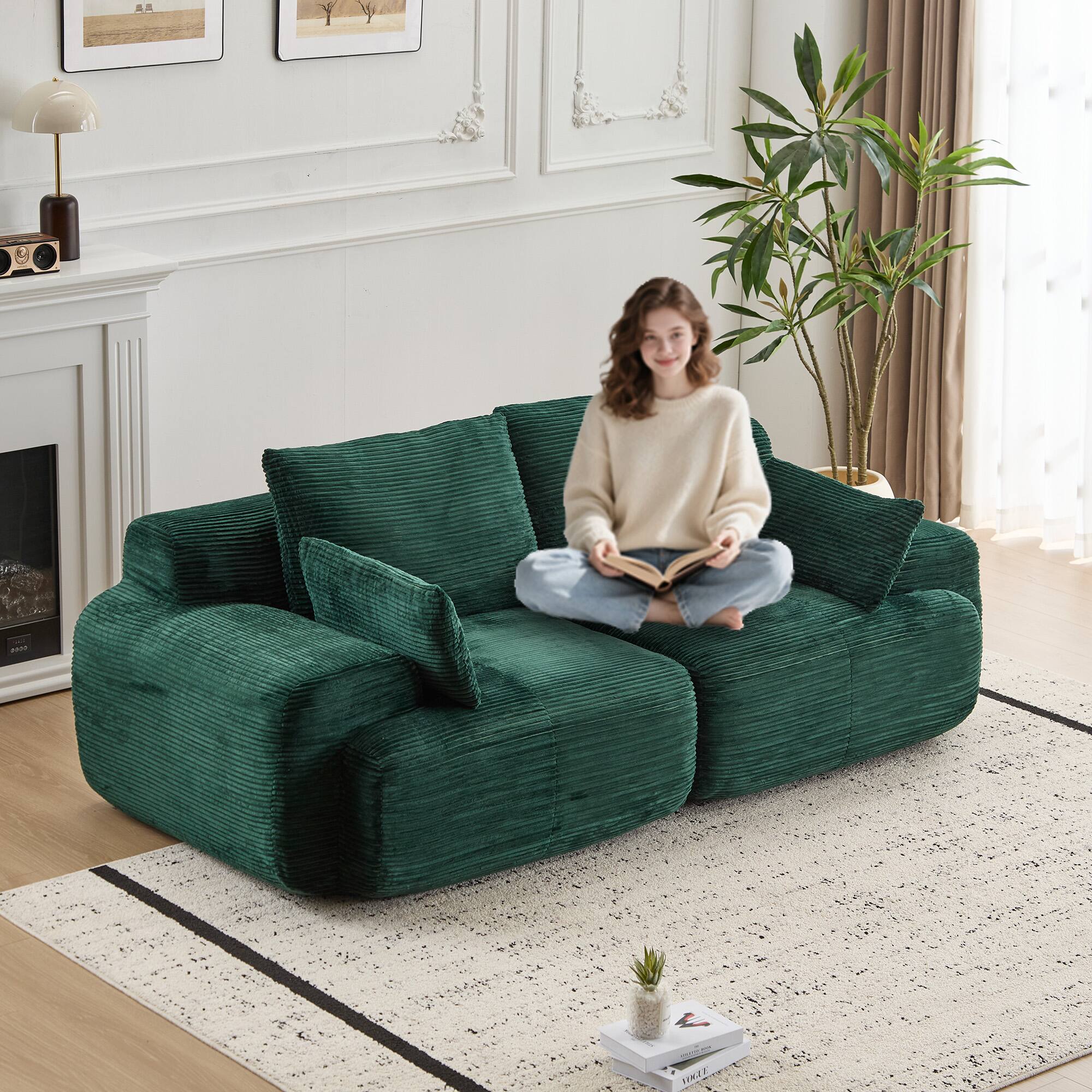 Left. Whisen - 2-Seater Modular Corduroy Sofa, Memory Foam Cloud Couch, Deep Loveseat for Living Room, No Assembly - Green.