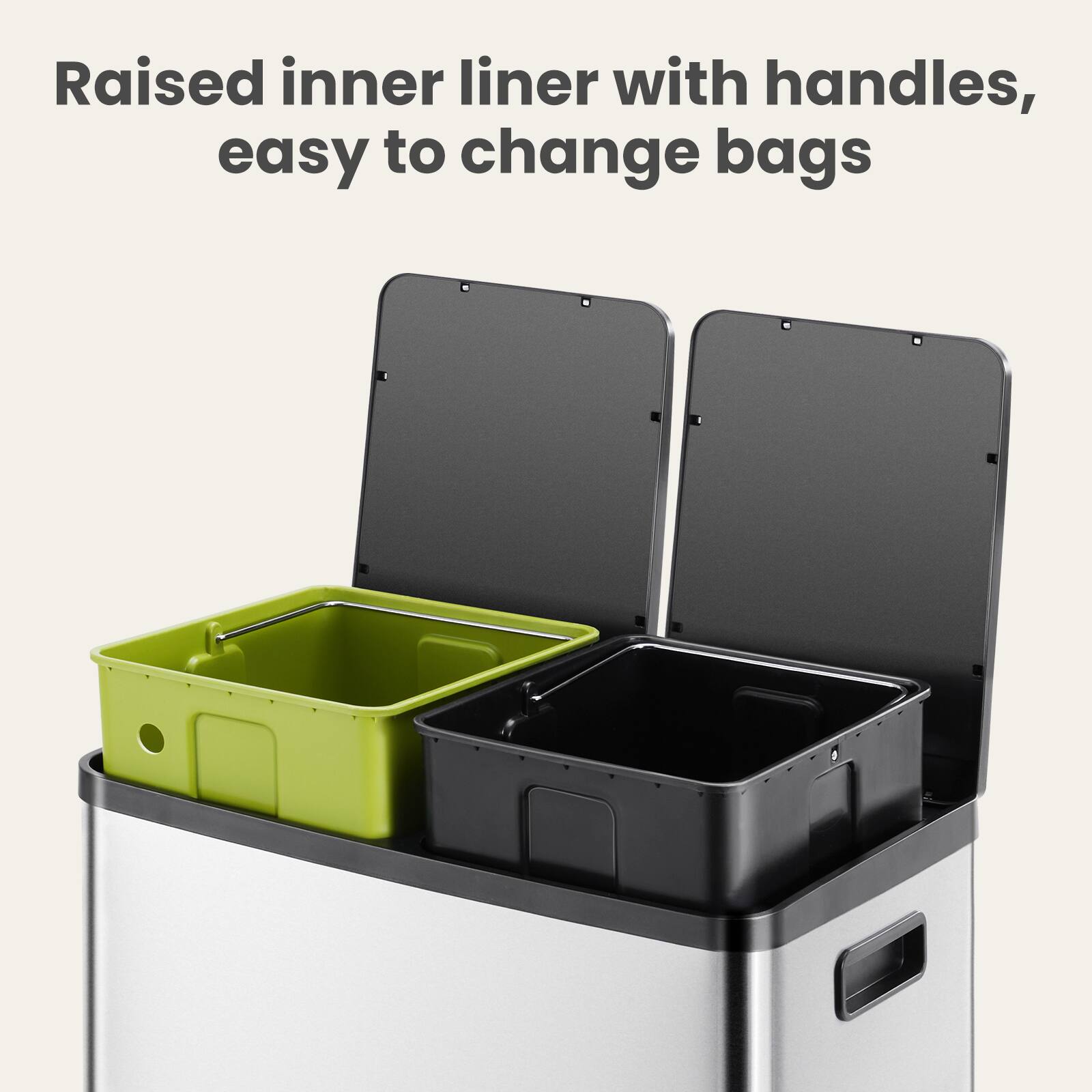 Raised inner liner with handles, easy to change bags
